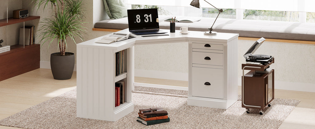 57.68' Modern L Shaped Executive Desk with 2 Storage Cabinets and 3 Drawers,Corner Writing Desk,Office Desk Furniture,Computer Desks with Depth Workstation for Home Office,Living room,White