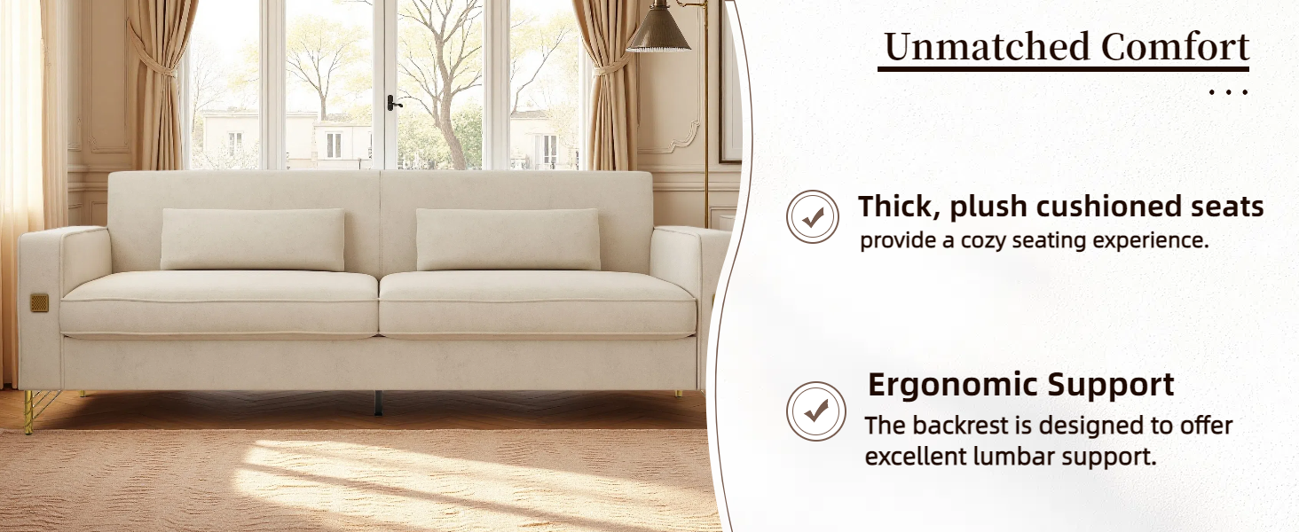 FX-P18-BE(SOFA)Modern Beige Sofa Couch for Living Room, 85.83' Upholstered 3-Seater Sofa with Metal Legs & Pillows, Minimalist Style
