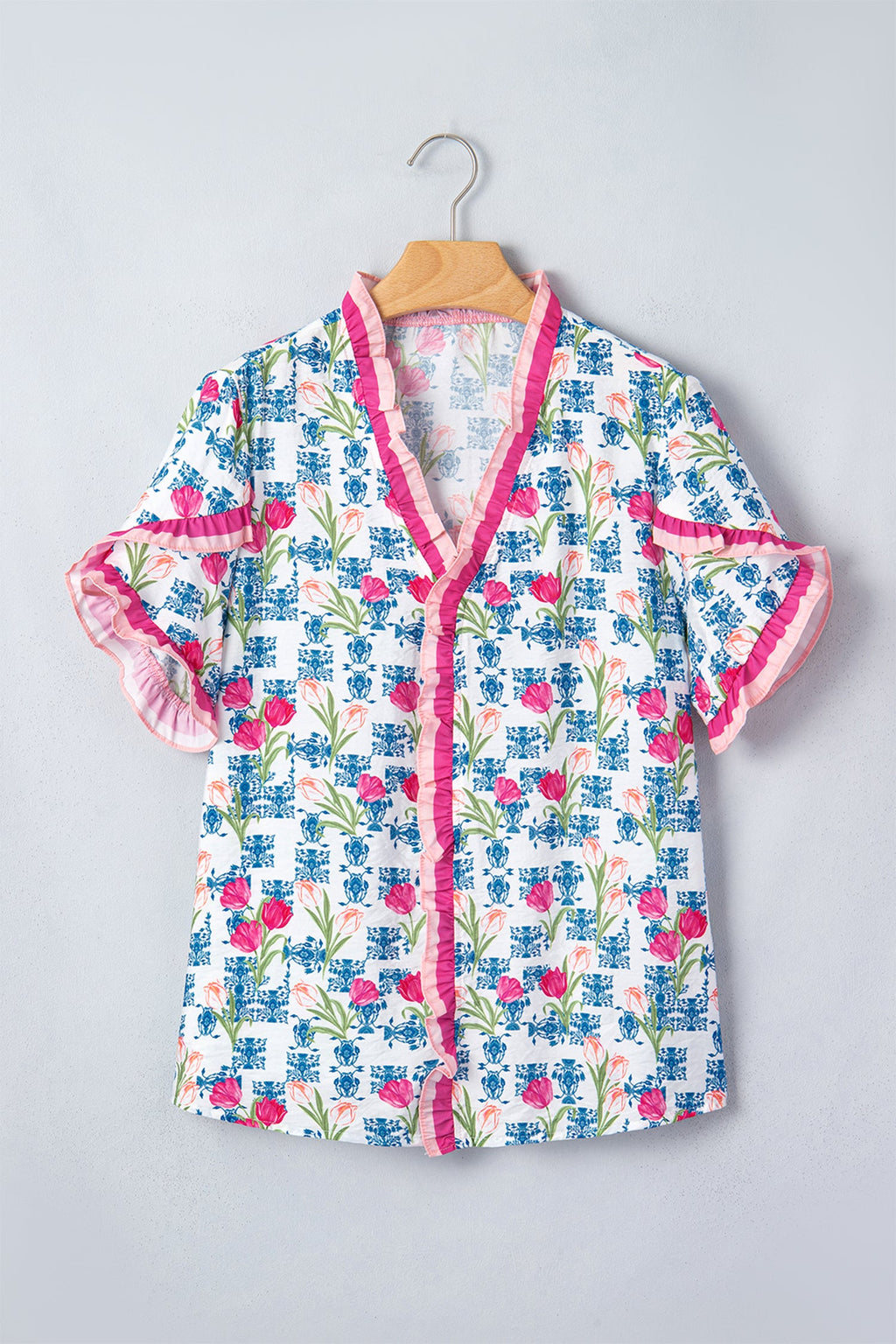 Floral Ruffle V-Neck Short Sleeve Tunic Shirt