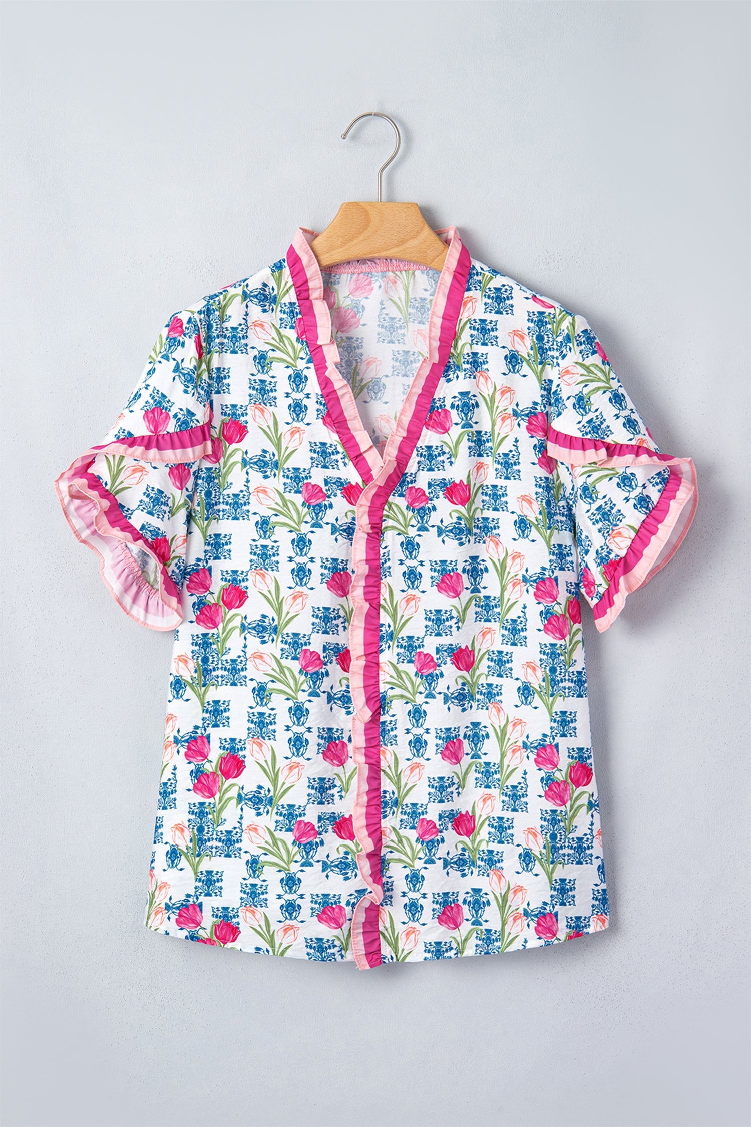 Floral Ruffle V-Neck Short Sleeve Tunic Shirt