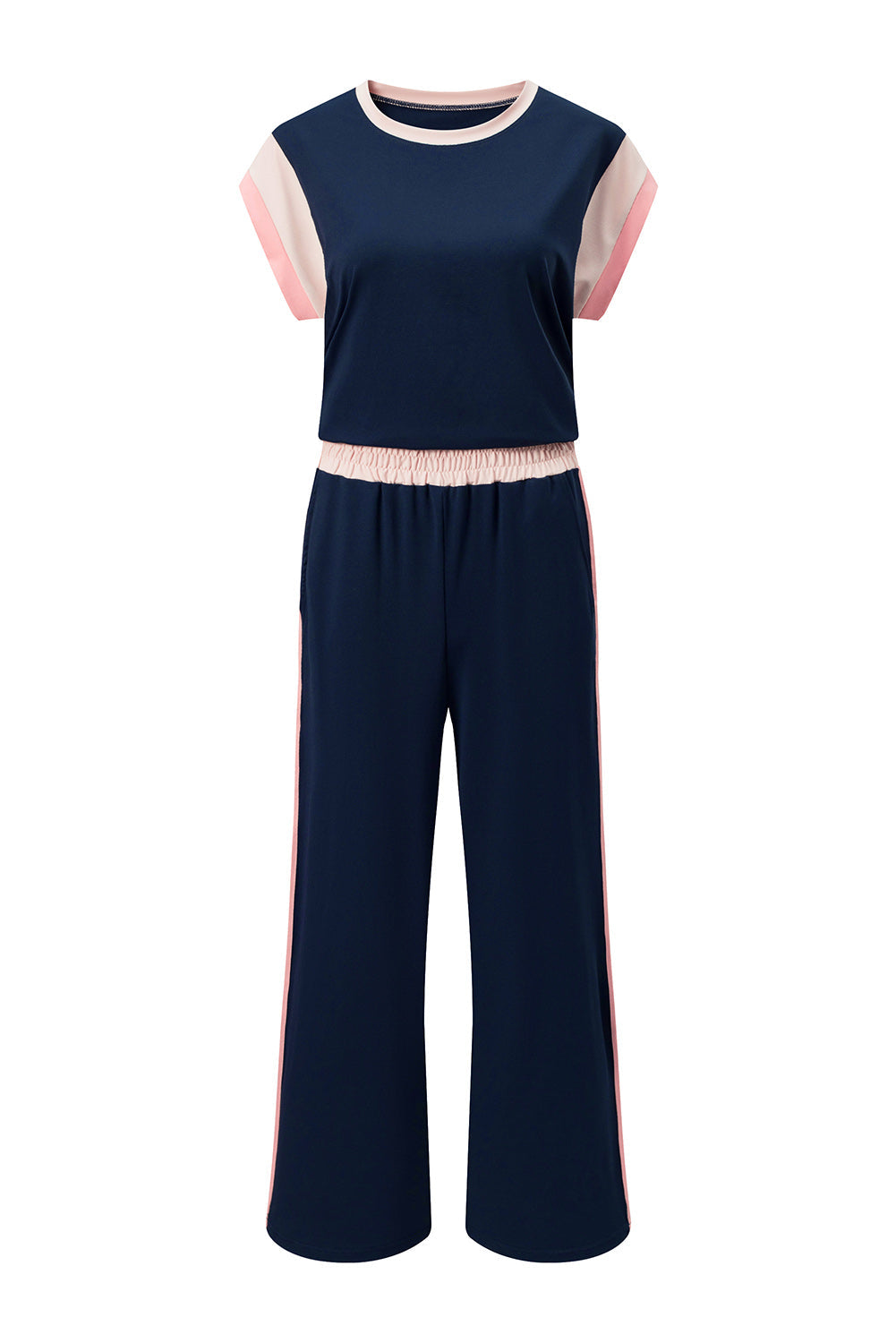Colorblock Short Sleeve Top & Wide Leg Pants Set