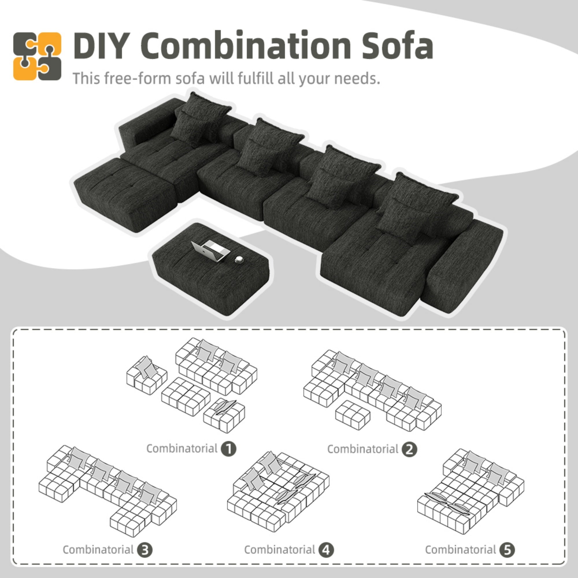 Modern Oversized Modular Sectional Sofa, Sparkling Chenille Fabric Soft Cushion Sofa with 8 Pillows, 8 PCS DIY Combination Tufted Sofa, No Assembly Required, BLACK