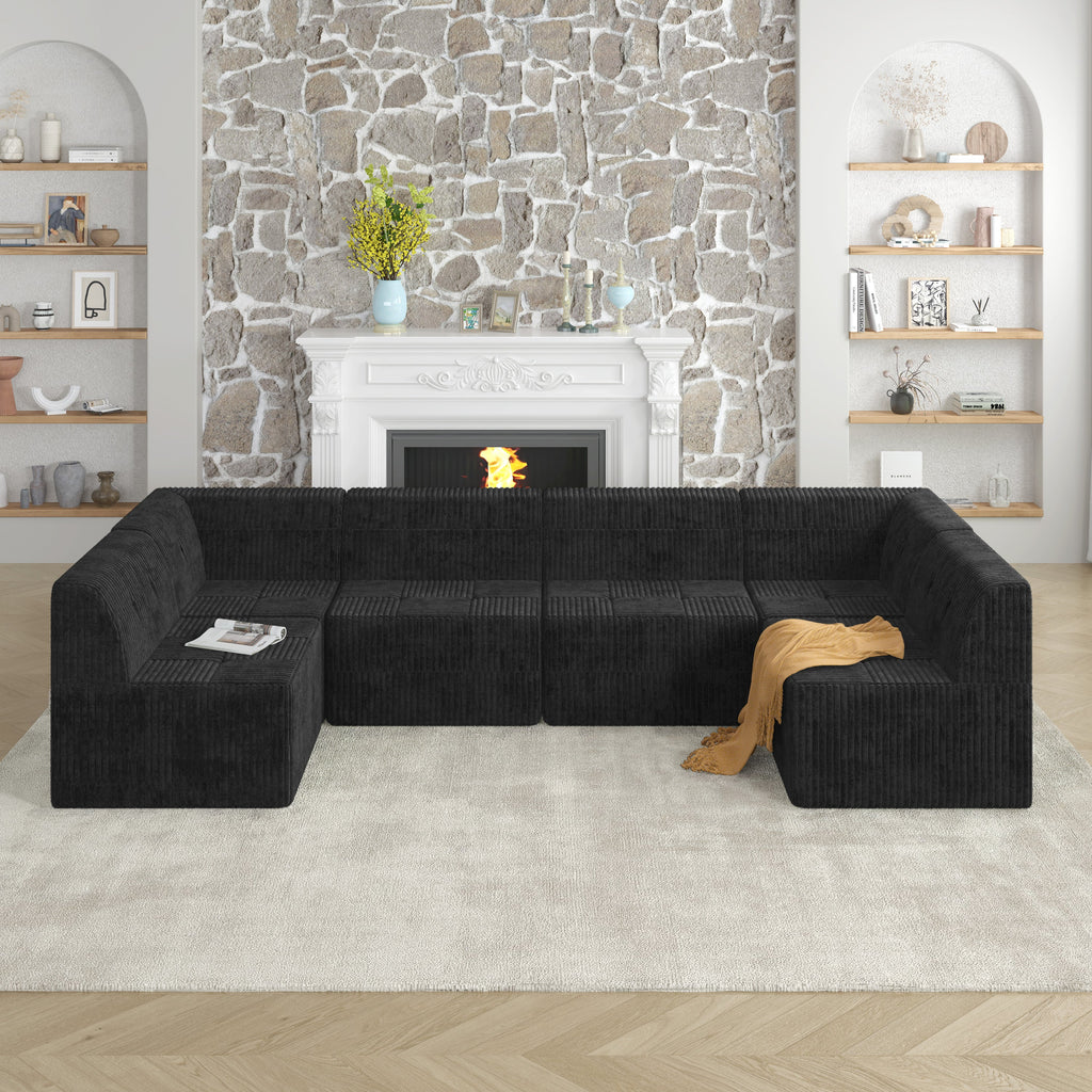 U shape Modular Sectional Sofa, Compressed Sectional Sofa Modern Minimalist Style Corduroy Couch, Sleeper Sofa for Living Room, Bedroom, Comfy Compressed Sofa Couch Space-Efficient Design-black