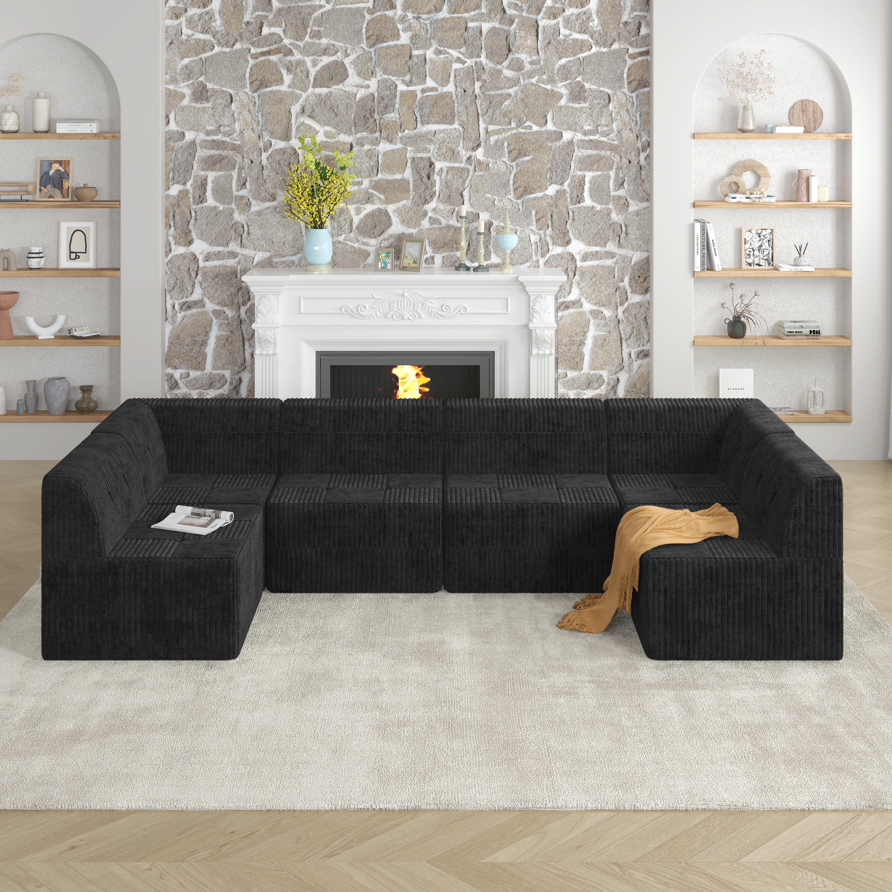 U shape Modular Sectional Sofa, Compressed Sectional Sofa Modern Minimalist Style Corduroy Couch, Sleeper Sofa for Living Room, Bedroom, Comfy Compressed Sofa Couch Space-Efficient Design-black
