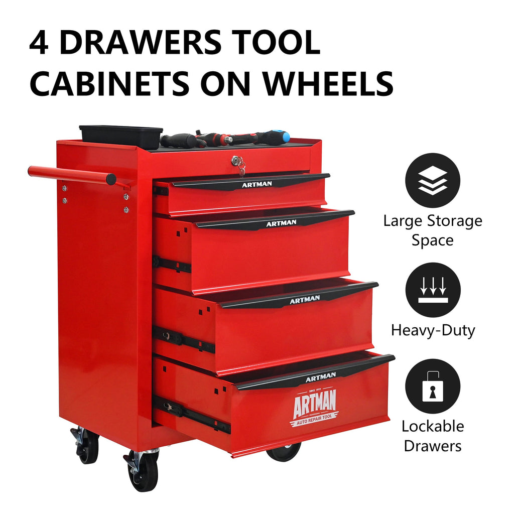 Rolling Metal Tool Chest with 4 Drawers, 20' Steel Storage Cabinet with Ball Bearing Slides, Black and Red Finish