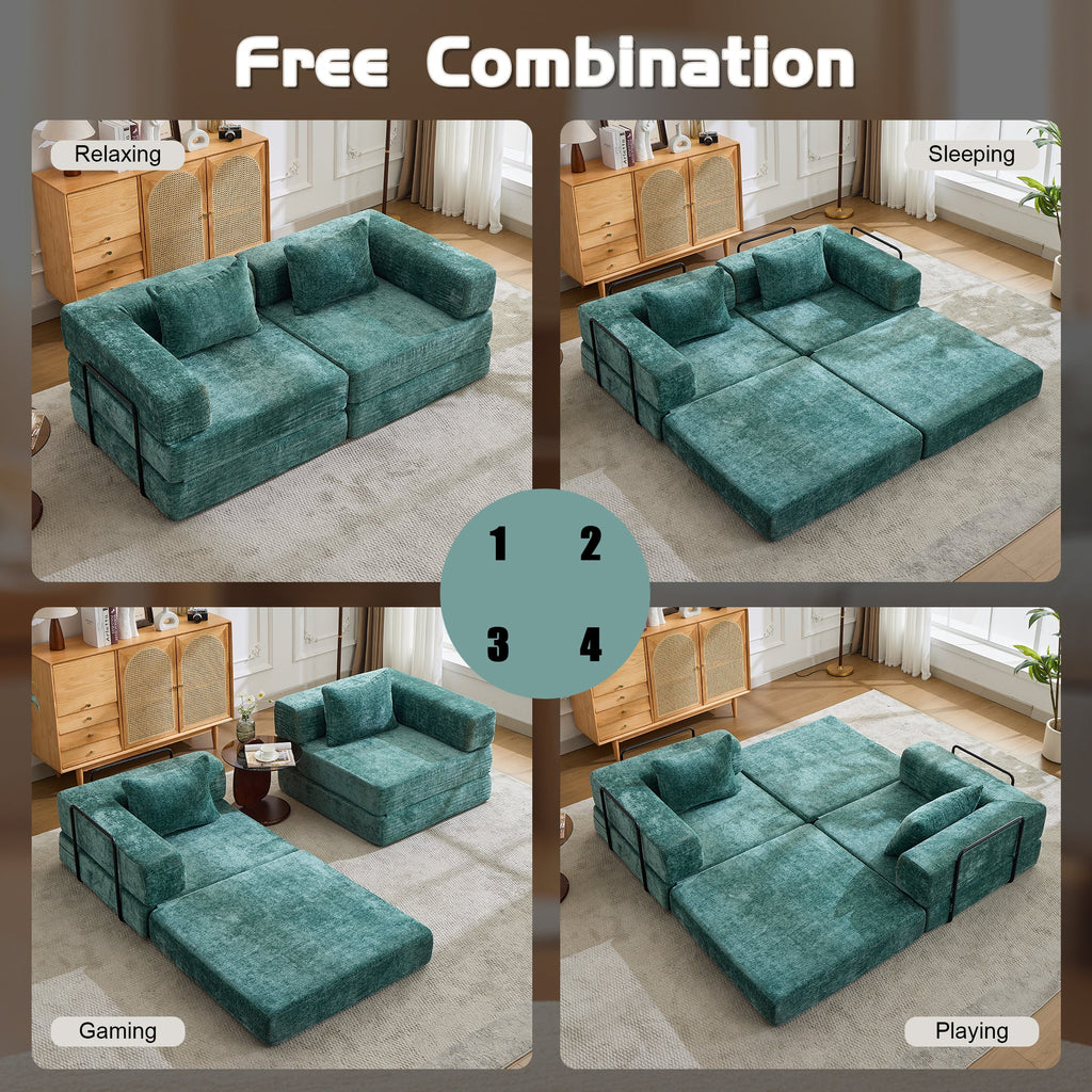 Compression Sofa,Convertible Floor Sofa Bed with Fixed-Shape Frame, Loveseats Boneless Modular Sectional Sofa,No Assembly Required,Chenille fabric,for Living Room Bedroom,Dark Green