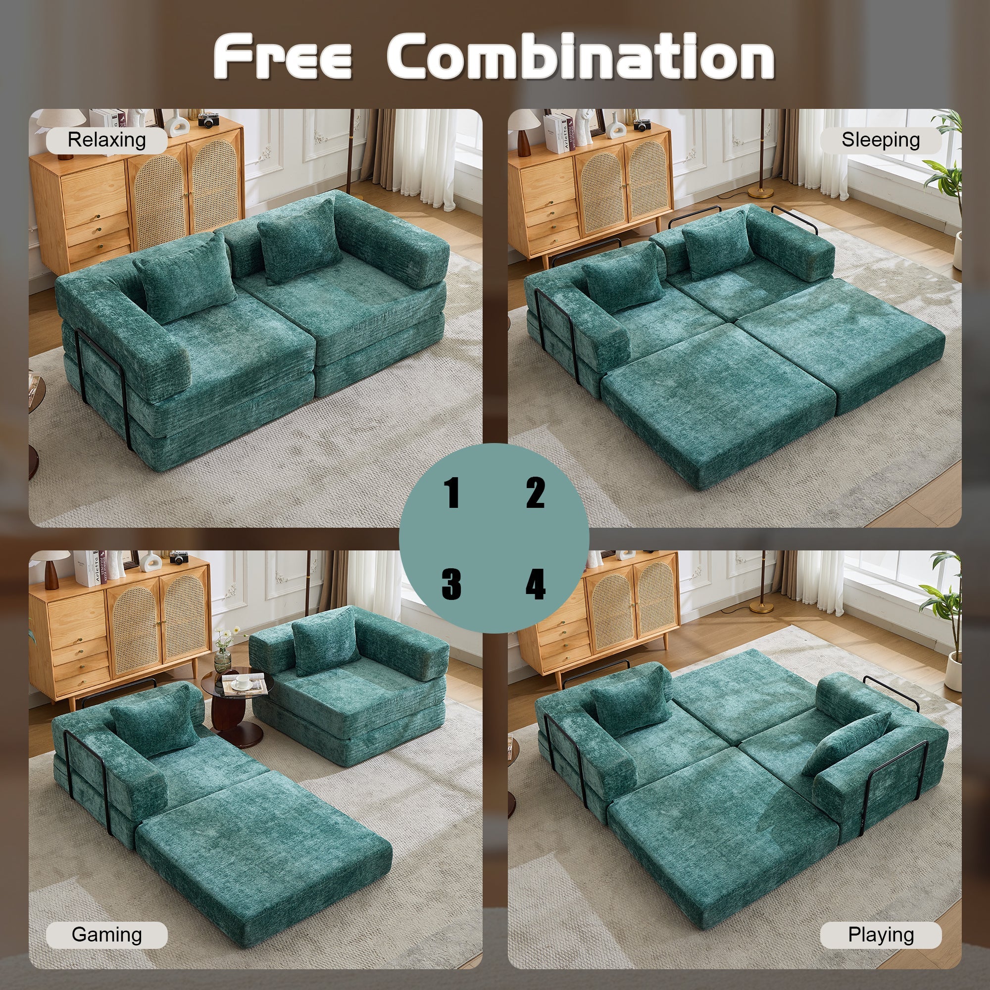 Compression Sofa,Convertible Floor Sofa Bed with Fixed-Shape Frame, Loveseats Boneless Modular Sectional Sofa,No Assembly Required,Chenille fabric,for Living Room Bedroom,Dark Green