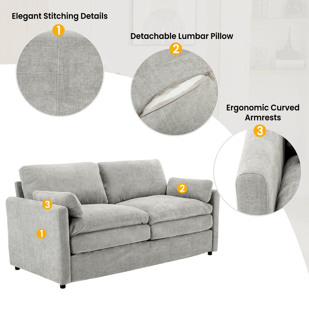 Cozy Upholstered Sofa Set with Double Cushion Design, Light Grey Chenille Fabric, Modern Living Room Couch