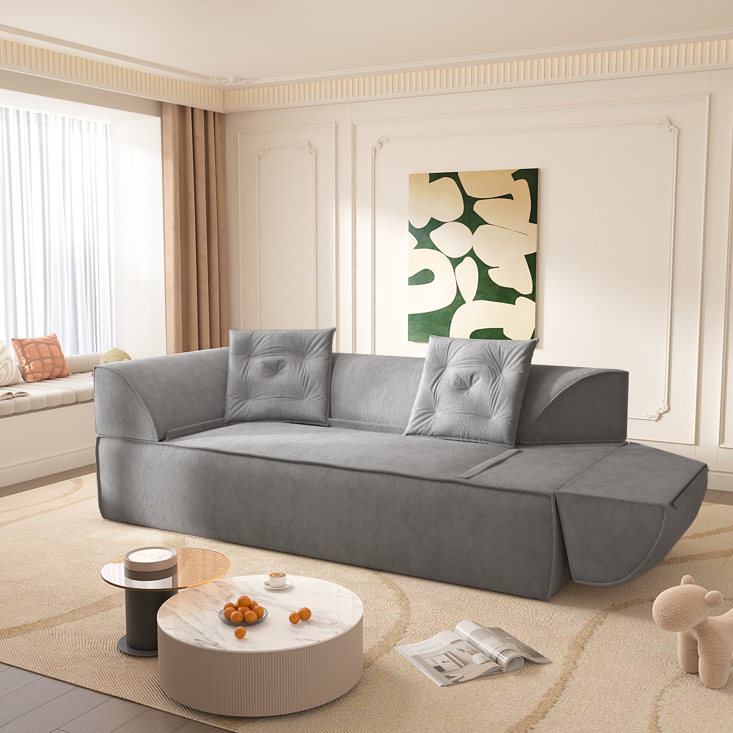 3-in-1 Convertible Sofa Bed, 79.5' Modern Deep Seat Couch with 2 Pillows, 3-Seater Sofa, Sparkling Chenille Fabric Sofa,Chaise Lounge for Living Room, Studio,Office,Grey