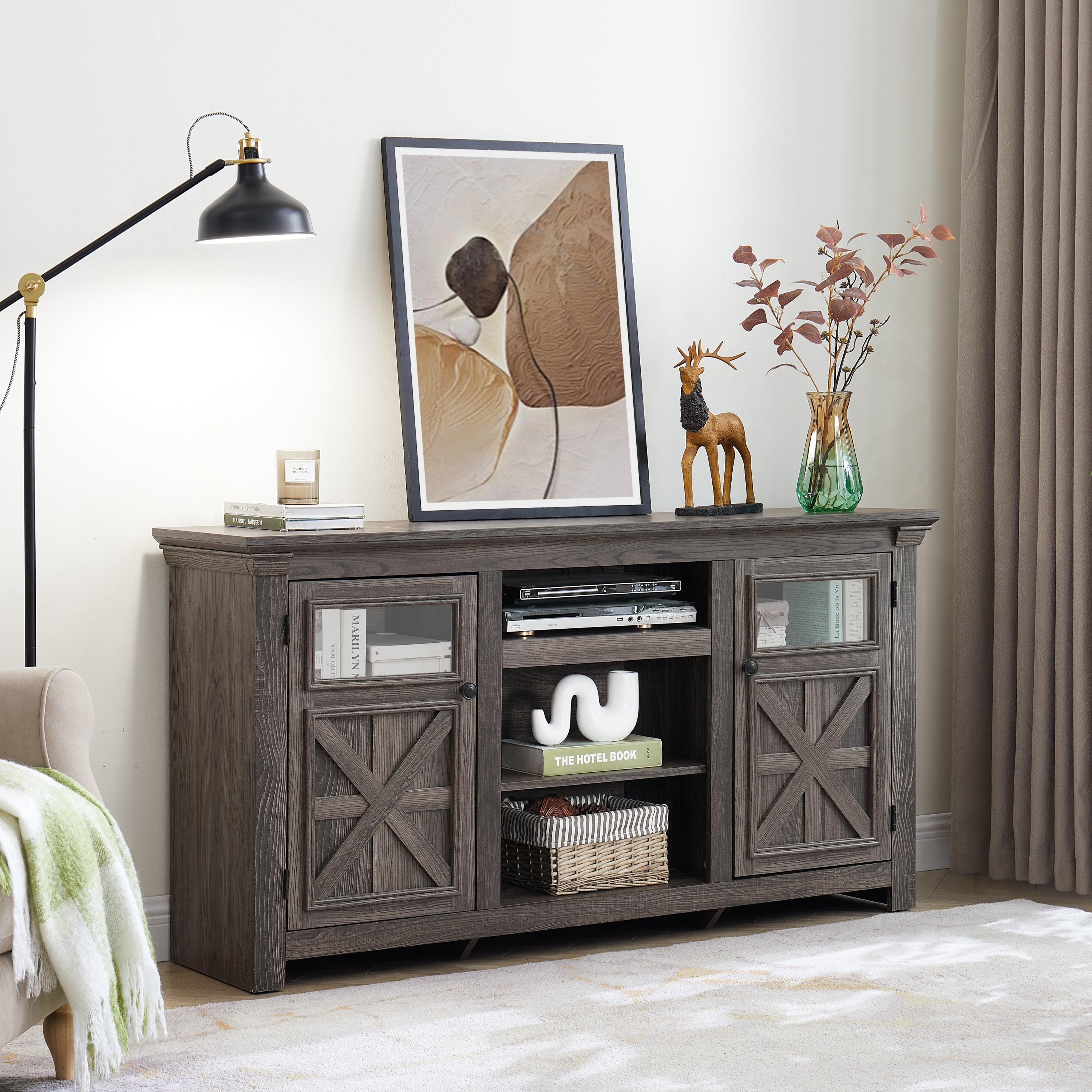 2 Doors Cabinet Farmhouse  Cabinet, Farmhouse TV Stand Barn Design,Modern Farmhouse TV Media Stand, Large Barn Inspired Home Entertainment Console,GREY, 60.23'W*15.35'D*31.7'H