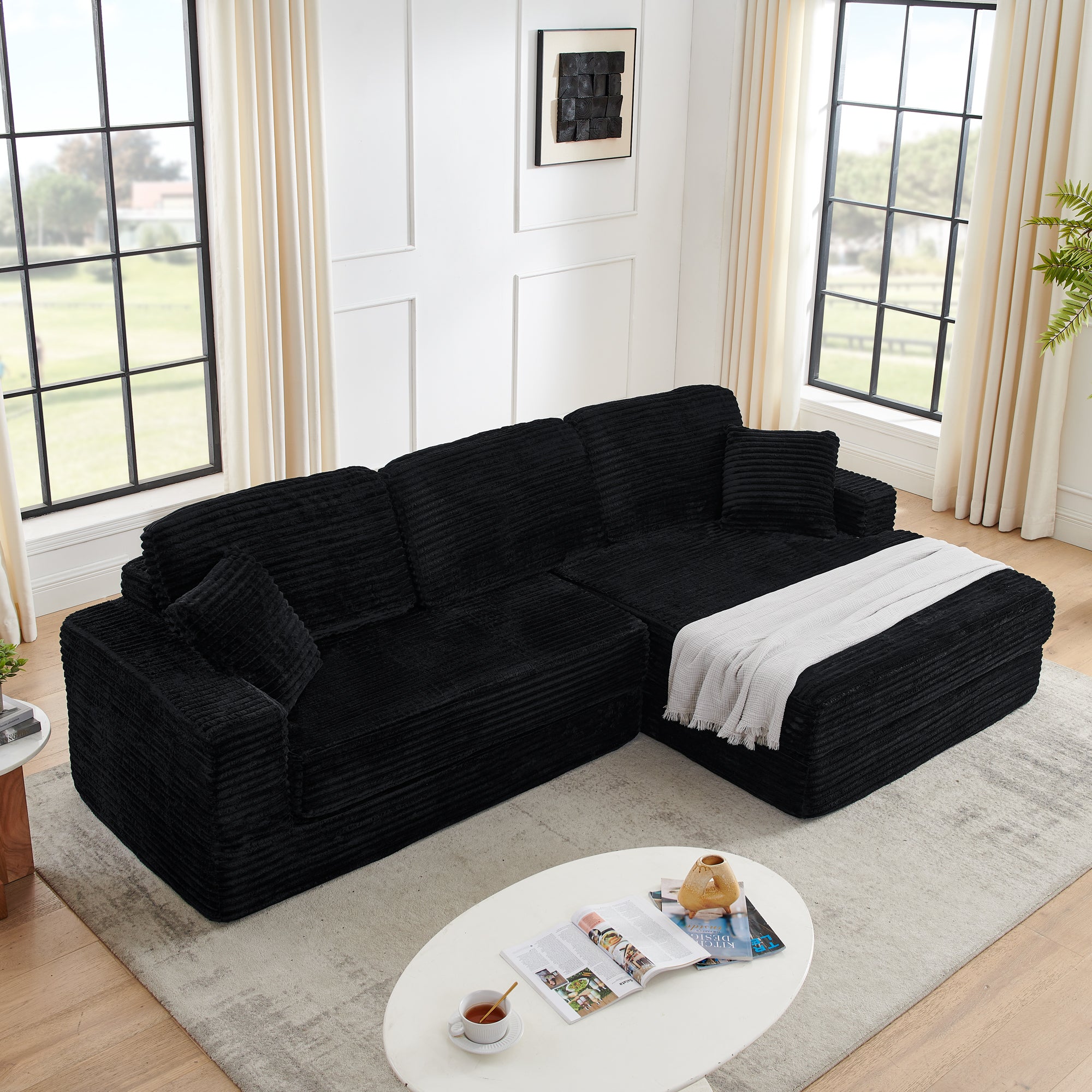 Modern Minimalist Style L Shape Modular Sectional Sofa with Corduroy Finish in Black