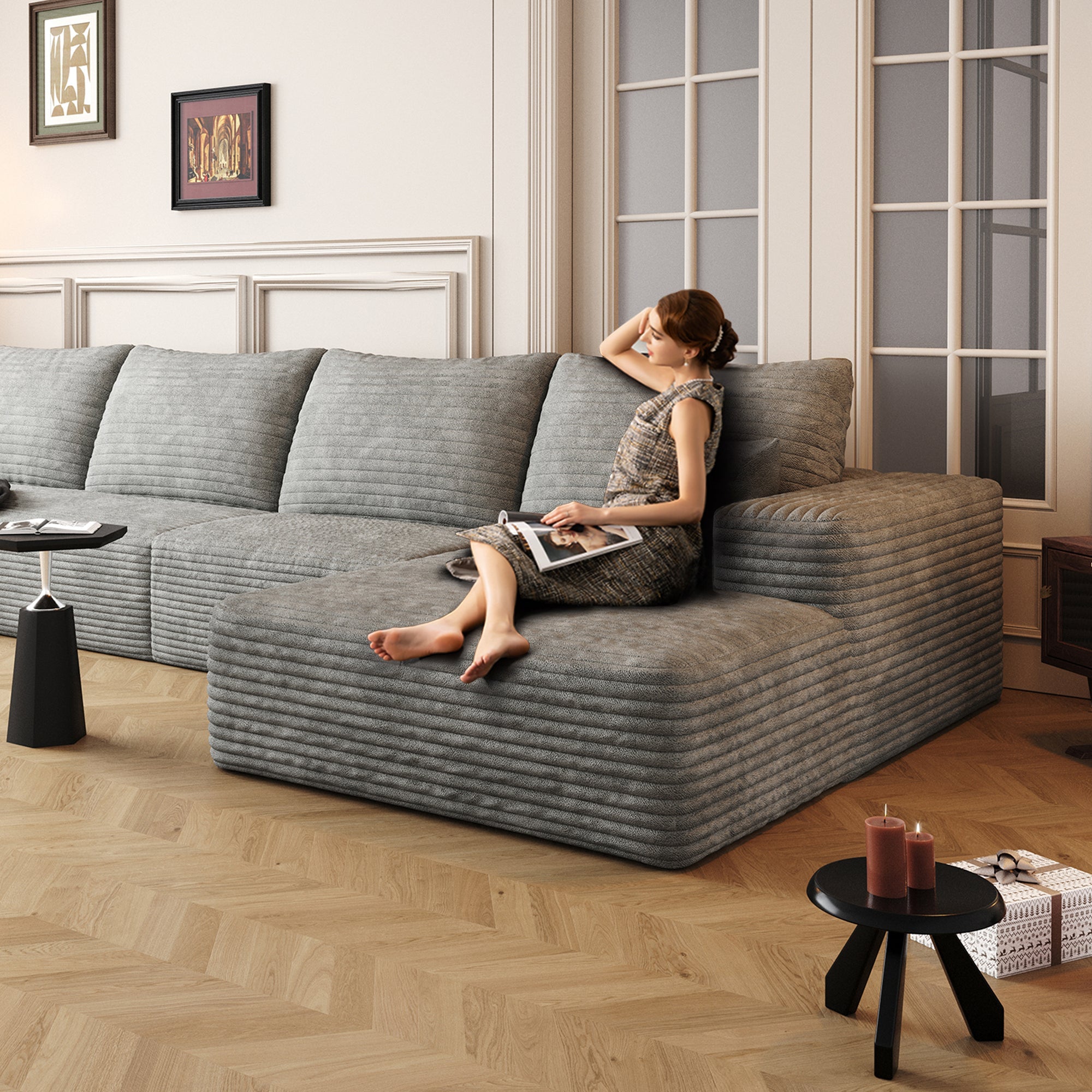 107' Cloud Sectional Sofa with 1 Ottoman,Modern Minimalist Upholstered Couches, Comfort U Shaped Sofa for Living Room,Deep Seat Corner Couch,No Assembly Required,Grey(Plush Corduroy Fabric)