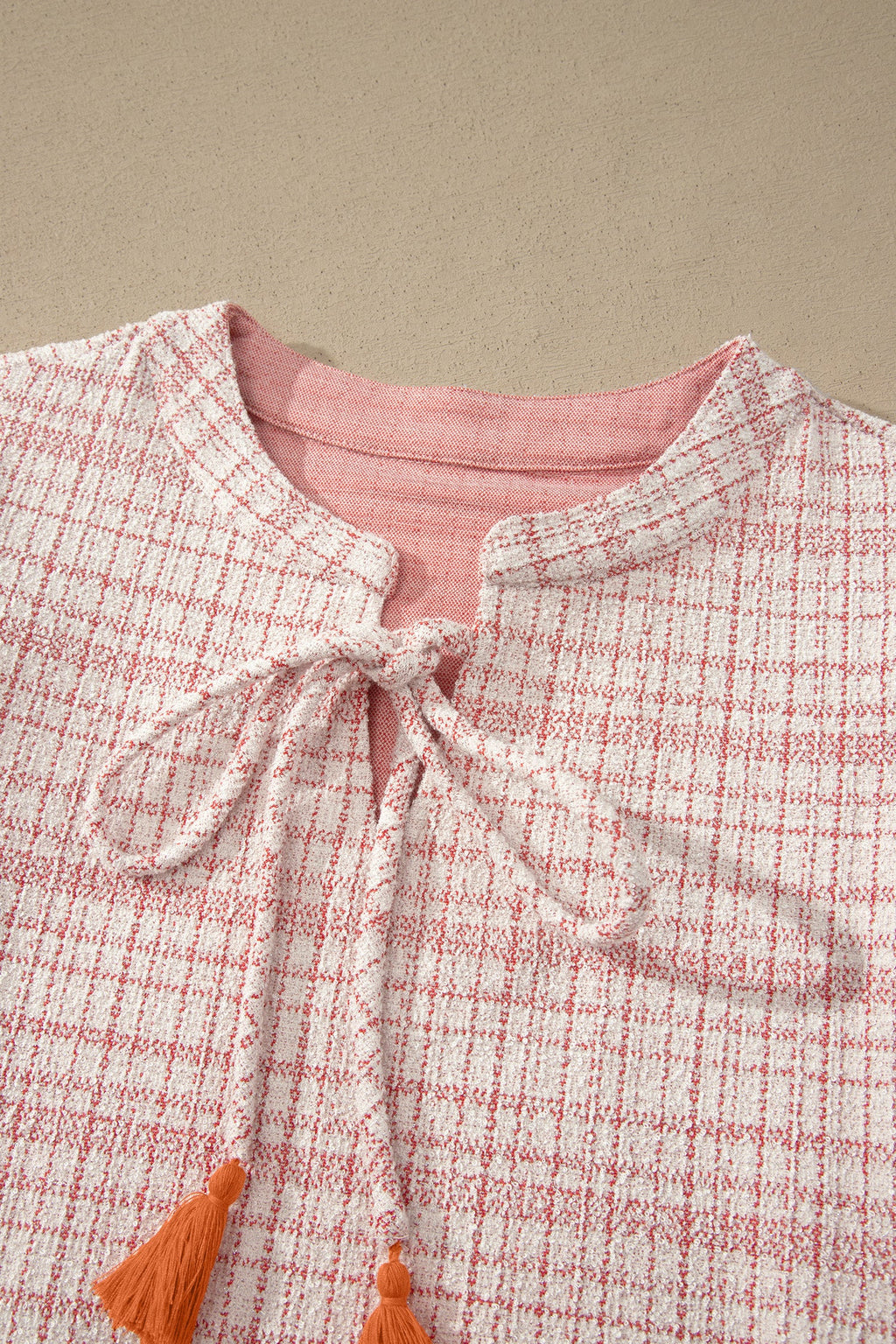 Plaid Textured Contrast Trim Tassel-Tie Mini Dress