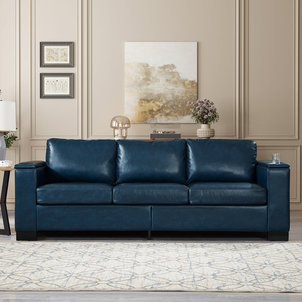 Two Pieces 2+3 seater Sofa Modern Style Living Room Sofa Faux Leather Couch,Square Arm Sofa with Cup Holder,Storage Sofa,Upholstered PU Leather Navy Blue