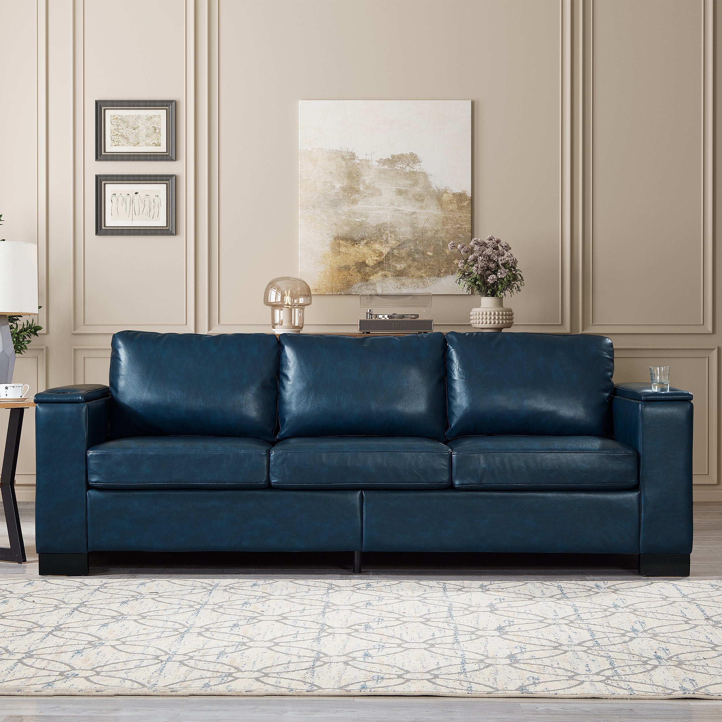 Two Pieces 2+3 seater Sofa Modern Style Living Room Sofa Faux Leather Couch,Square Arm Sofa with Cup Holder,Storage Sofa,Upholstered PU Leather Navy Blue