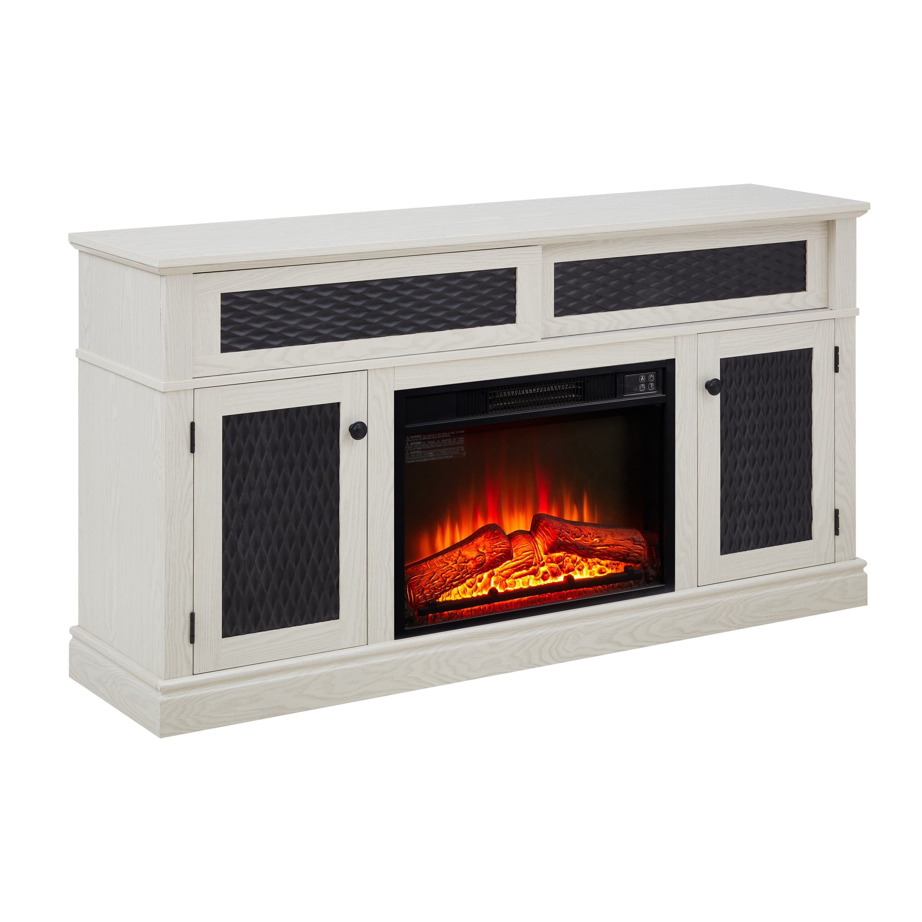 Embossed Pattern TV Stand with 23' fireplace insert,, TV and Media Console with Open and Closed Storage Space and sliding door for Living Room & Bedroom,White, 58.27'W*15.35'W*31.7H