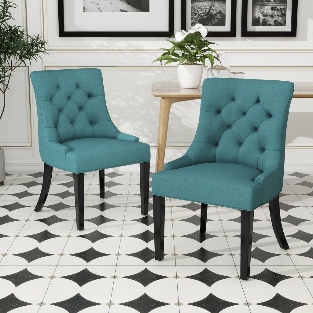 Dining Chair (Set of 2) With Upholstered Diamond Tufting And Espresso Birch Legs - Teal