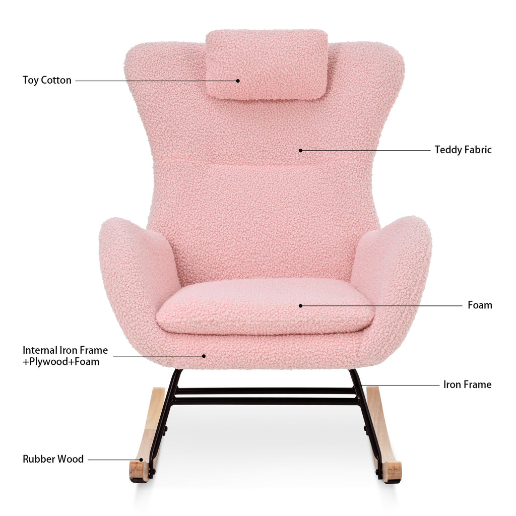 Rocking Chair Nursery, Teddy Upholstered Rocker Glider Chair with High Backrest, Adjustable Headrest & Pocket, Comfy Glider Chair for Nursery, Bedroom, Living Room, Offices, Rubber wood, pink