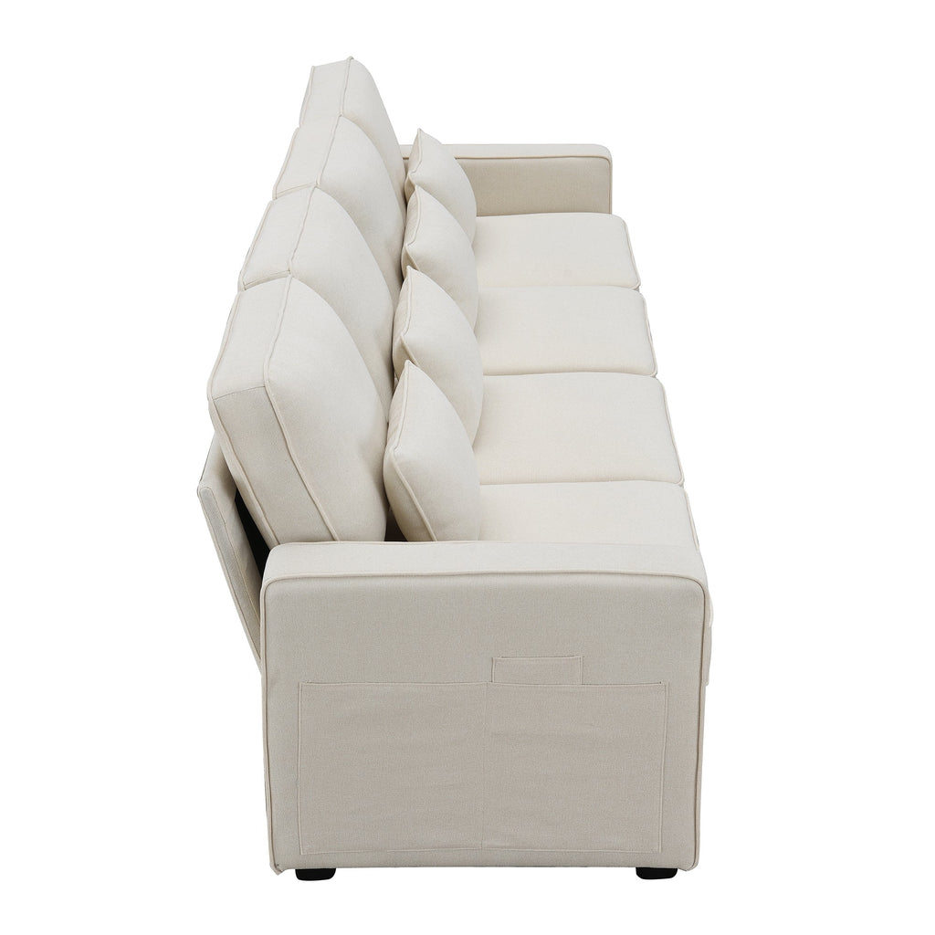 [VIDEO provided] [New] 104' 4-Seater Modern Linen Fabric Sofa with Armrest Pockets and 4 Pillows,Minimalist Style Couch for Living Room, Apartment, Office,3 Colors