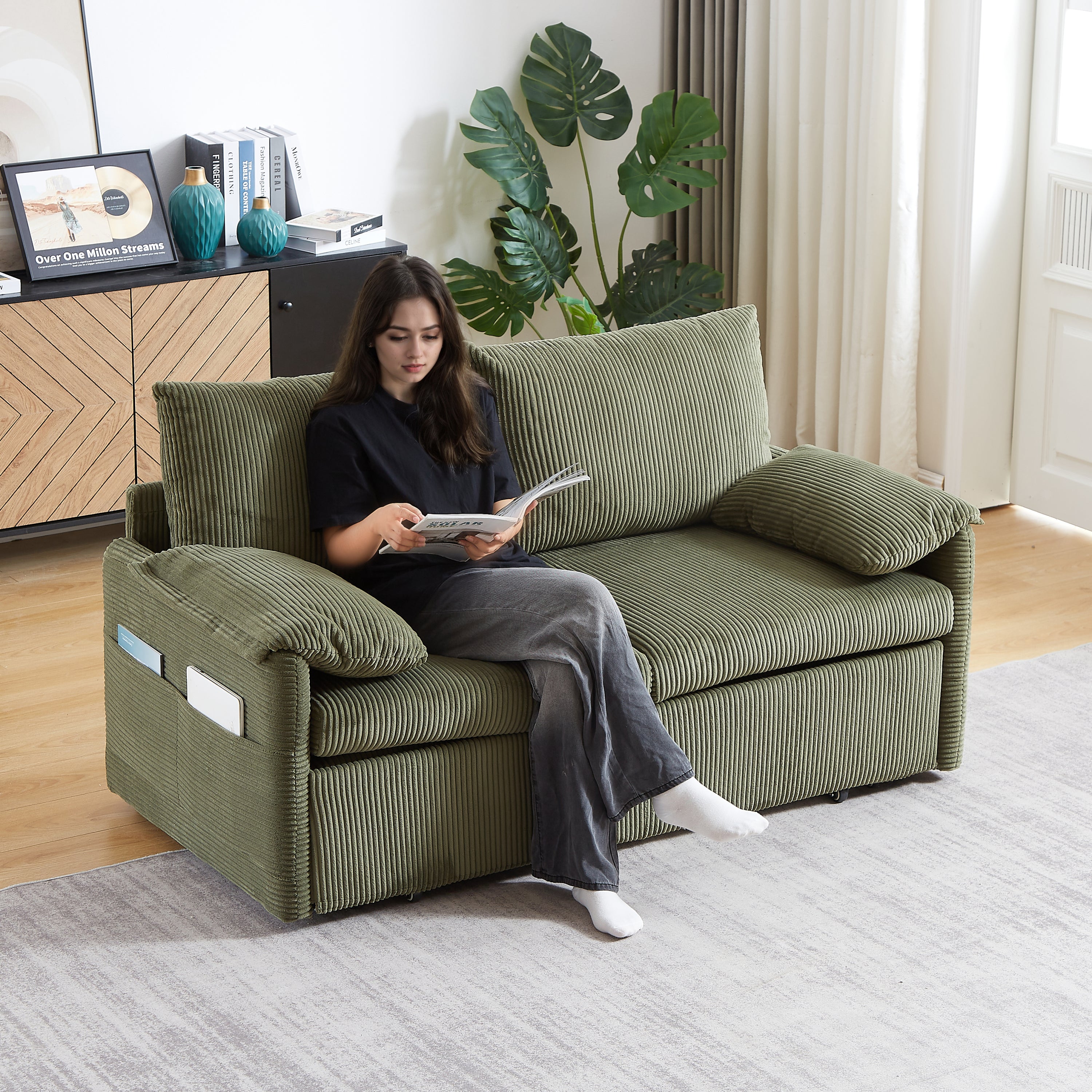 MH'' 64.5 Inch Sleeper Sofa Bed  3-in-1 Adjustable Sleeper with Pullout Bed   2 Pillows and Side Pockets  Soft Corduroy Convertible Sleeper Sofa Bed for Living Room Bedroom Apartment Office