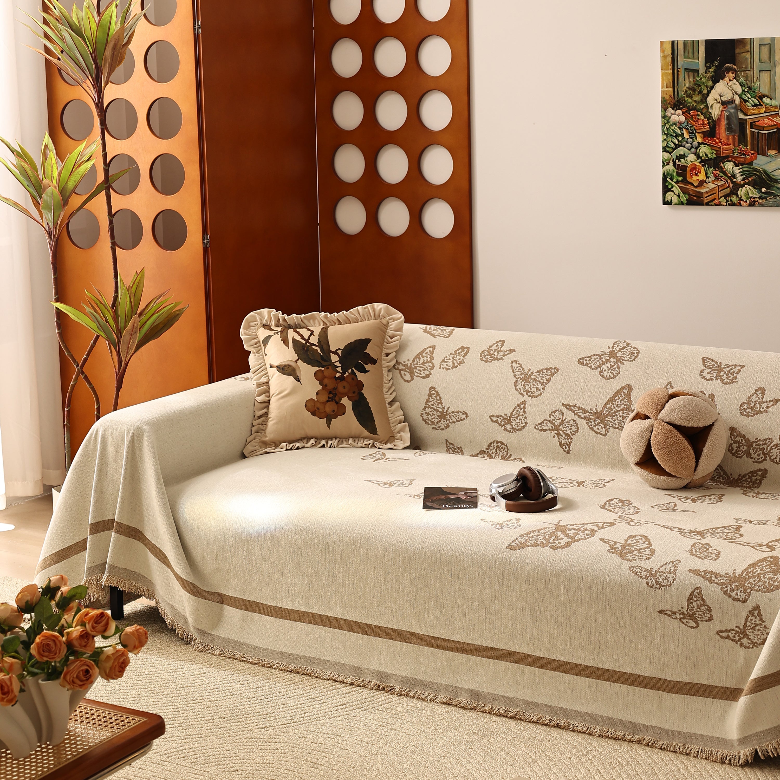 Butterfly Jacquard Soft Couch Blankets Cover for Couch Reversible Modern Sofa Slipcover Throw Covers