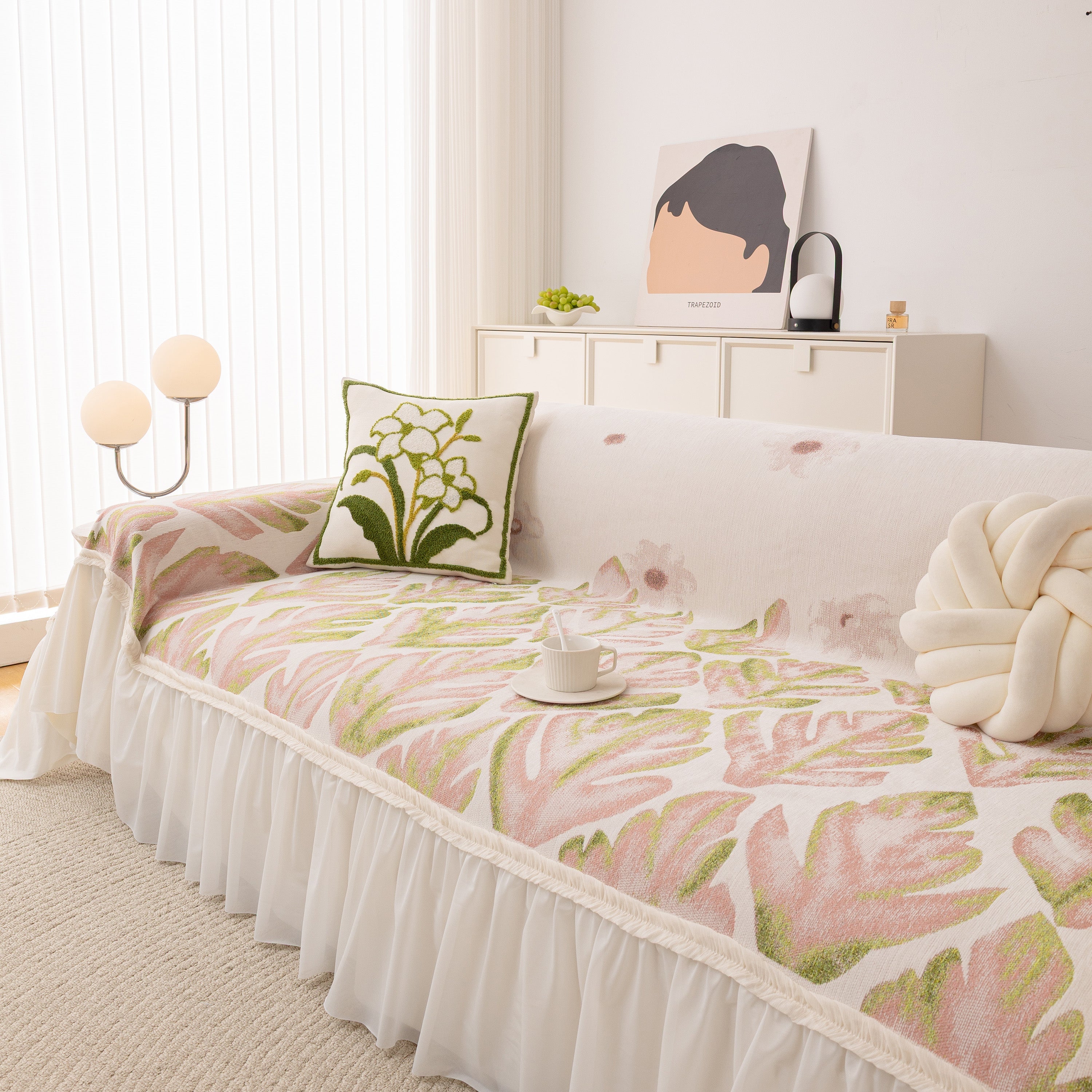 Botanical Sofa Cover with Chiffon Skirt, Floral Couch Throw Blanket for All-Season