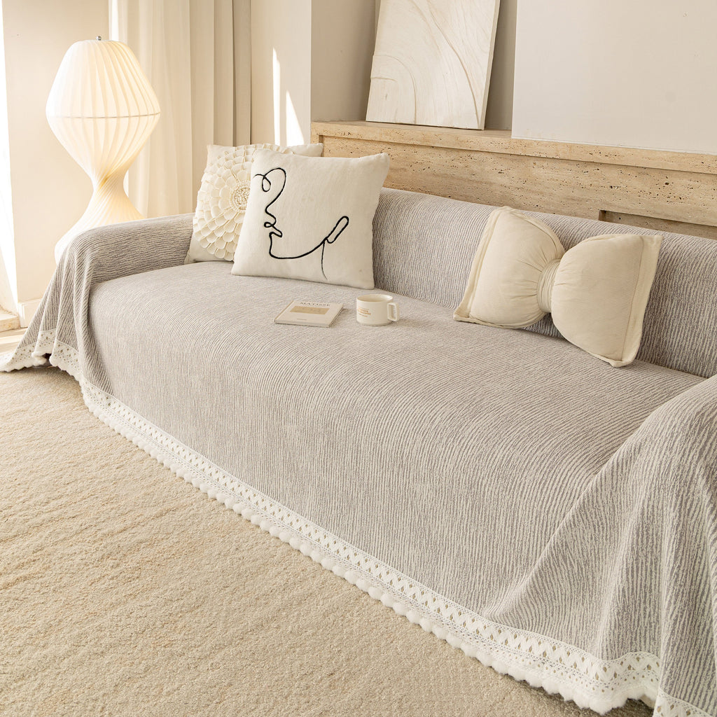 Sofa Cover Throw with Lace Trim & Pom-Pom Fringe, Decorative Couch Cover Blanket