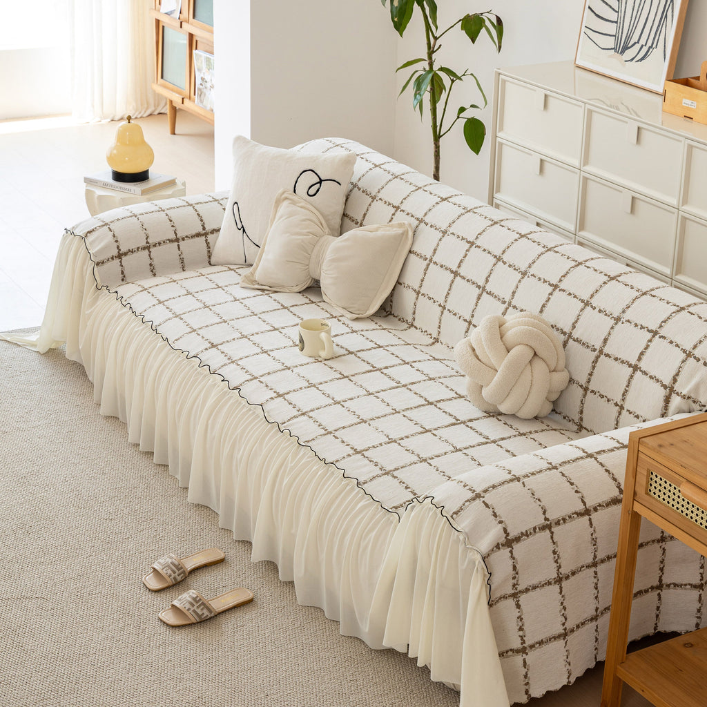 Grid Sofa Cover with Ruffle Skirt – Soft, Decorative, Full-Cover Couch Protector