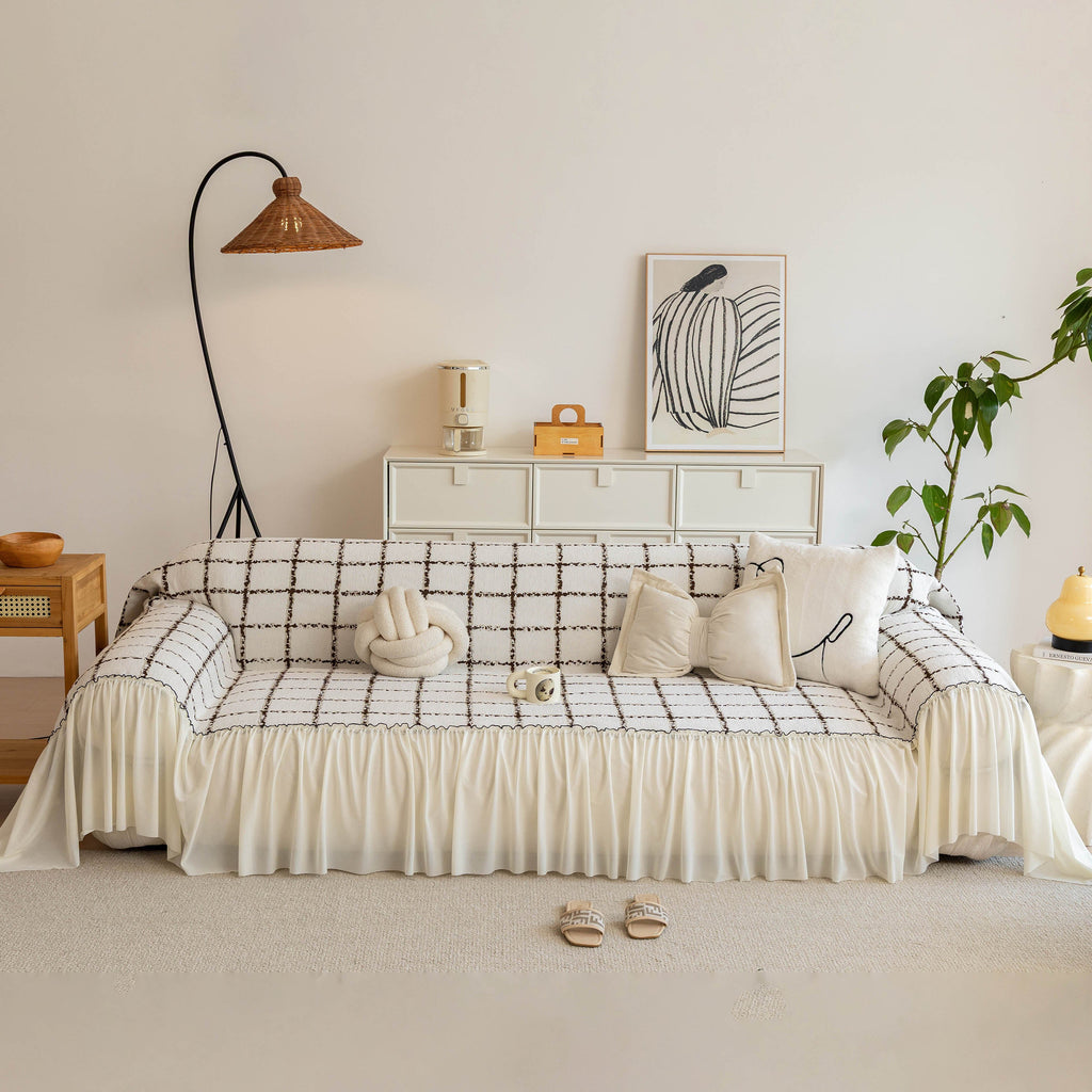 Grid Sofa Cover with Ruffle Skirt – Soft, Decorative, Full-Cover Couch Protector