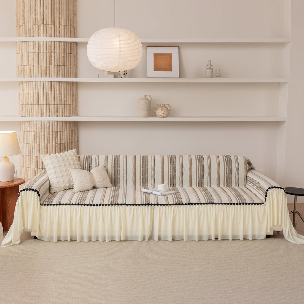 Boho Striped Couch Cover with Sheer Ruffle Skirt, Decorative Couch Throw Blanket