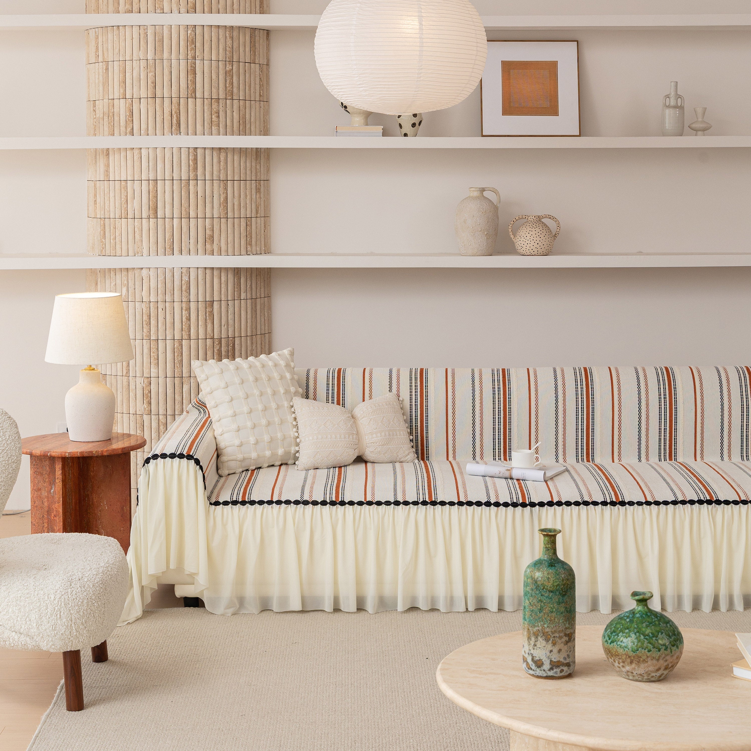 Boho Striped Couch Cover with Sheer Ruffle Skirt, Decorative Couch Throw Blanket