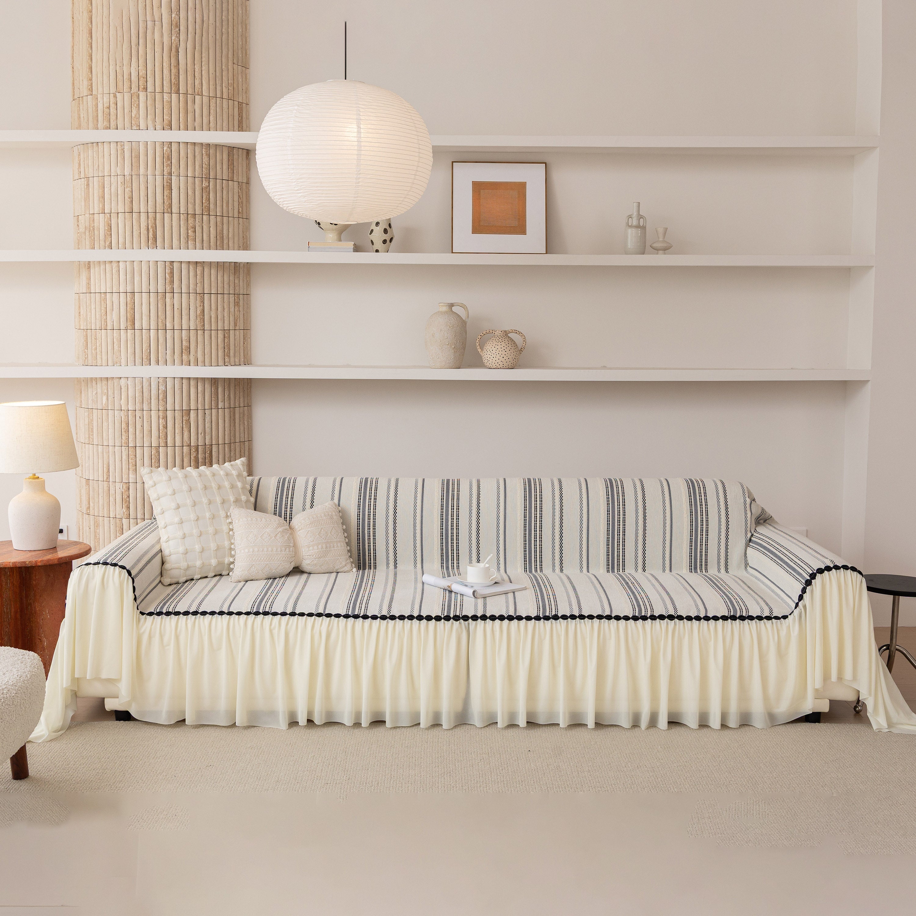 Boho Striped Couch Cover with Sheer Ruffle Skirt, Decorative Couch Throw Blanket