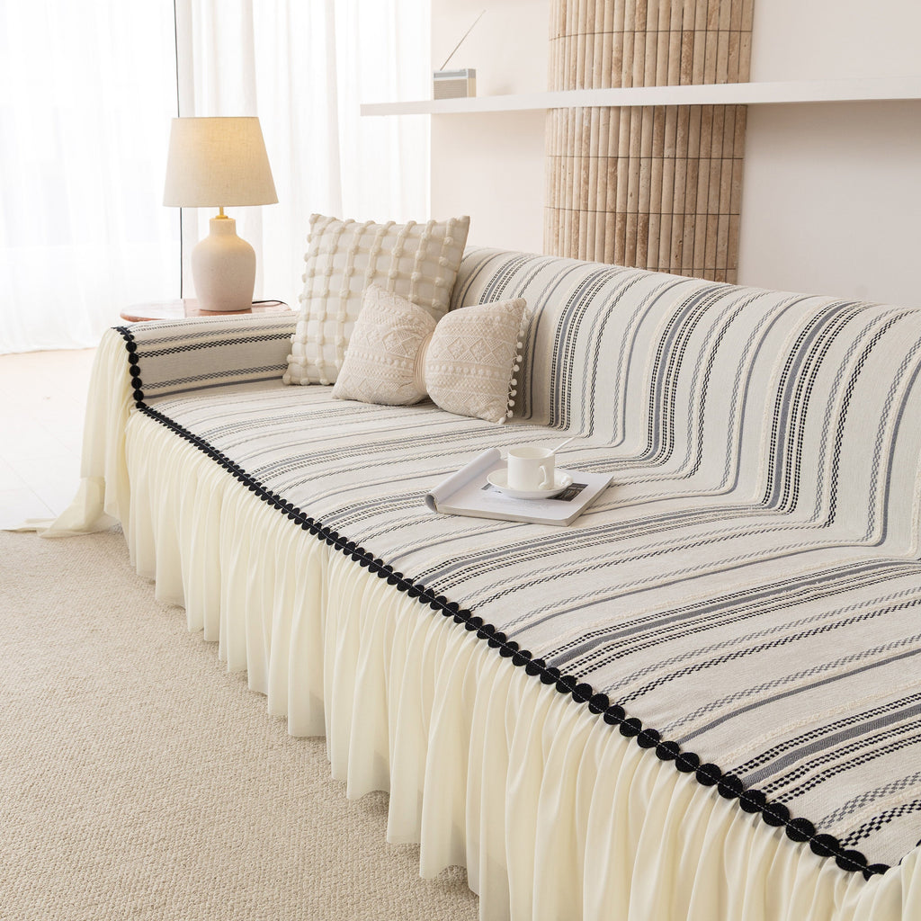 Boho Striped Couch Cover with Sheer Ruffle Skirt, Decorative Couch Throw Blanket