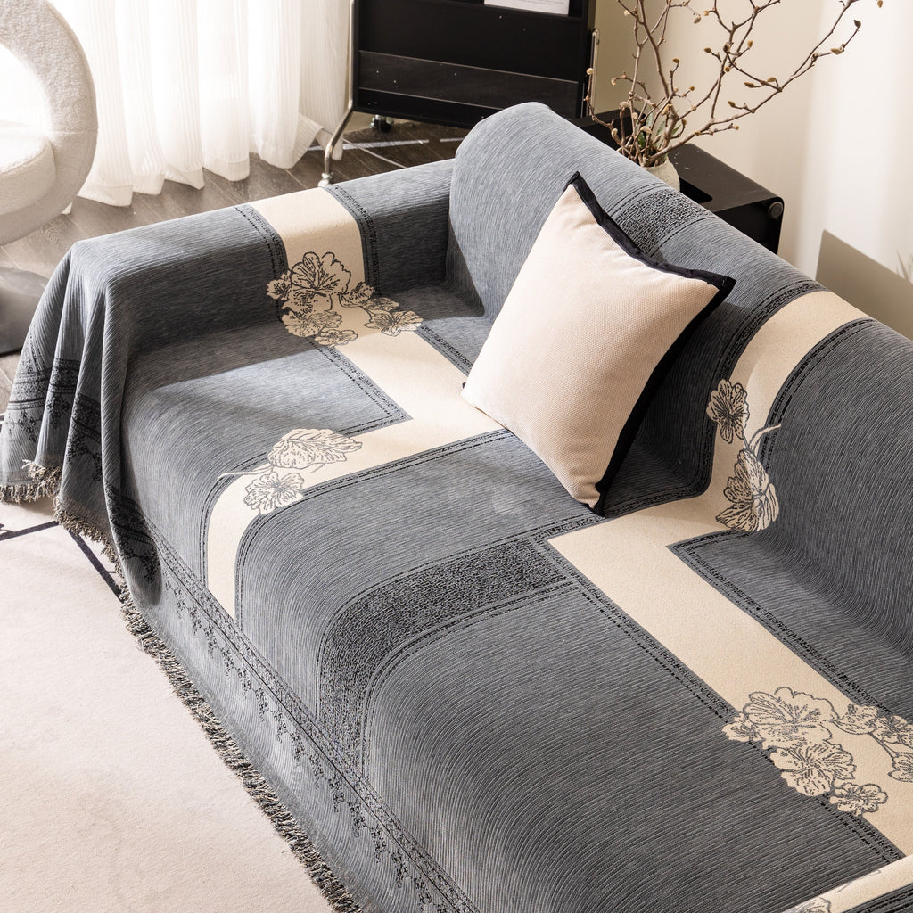 Jacquard Floral Band Sofa Cover with Tassels, Thick Textured Couch Throw Blanket