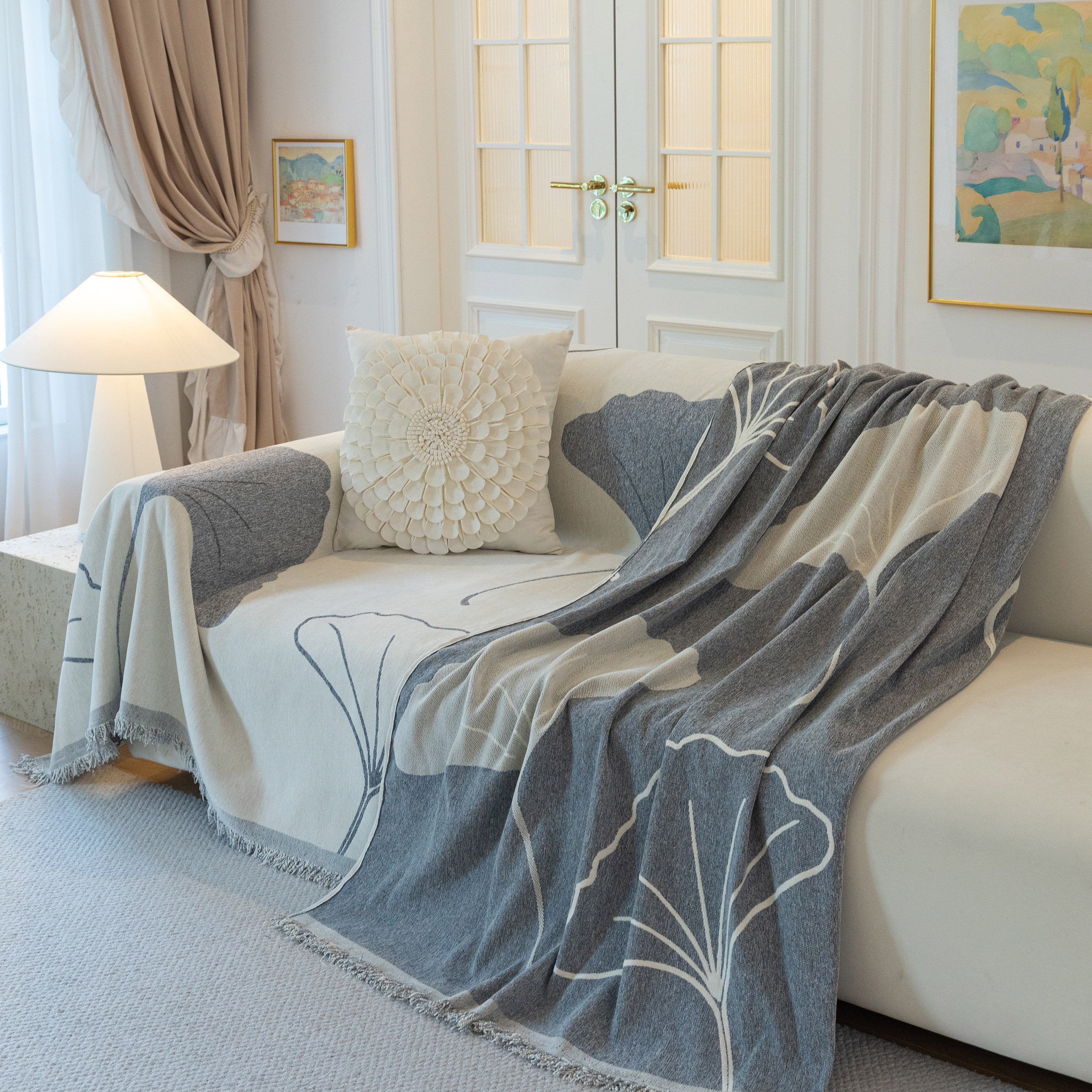 Cozy Couch Throw Blanket with Tassels, Jacquard Leaf Pattern Furniture Protector