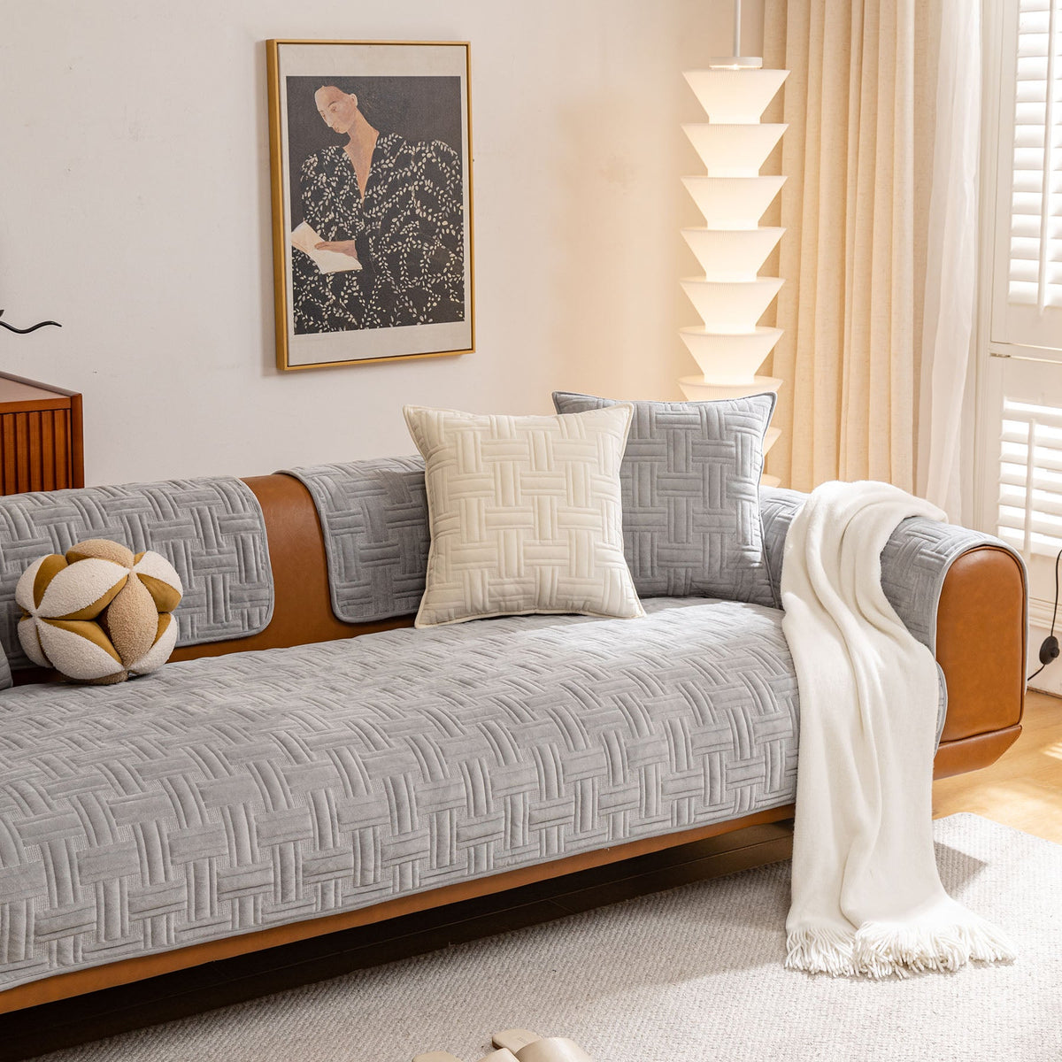 Quilted Velvet Sofa Cover, Thick Padded Couch Protector with Raised Geometric Texture
