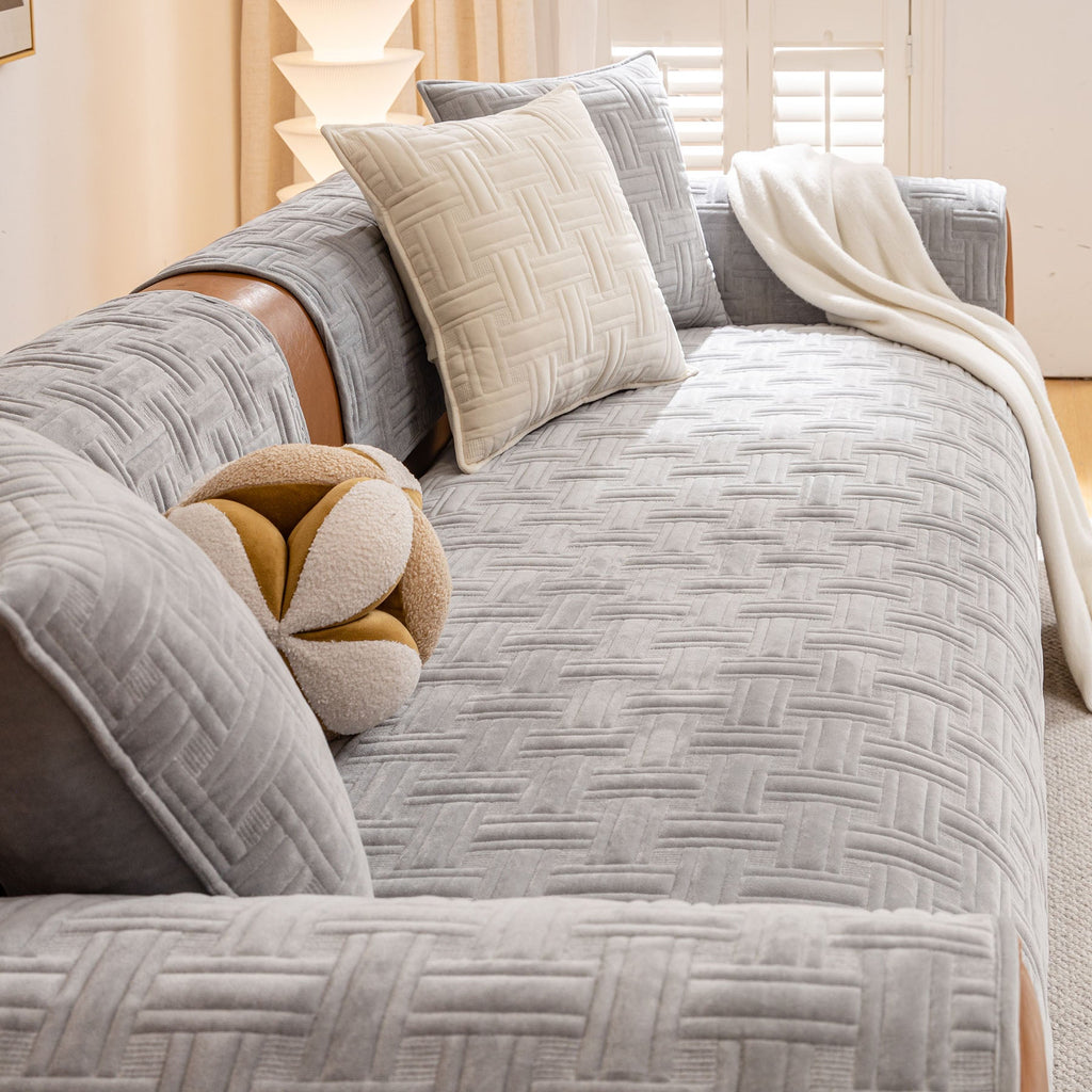 Quilted Velvet Sofa Cover, Thick Padded Couch Protector with Raised Geometric Texture