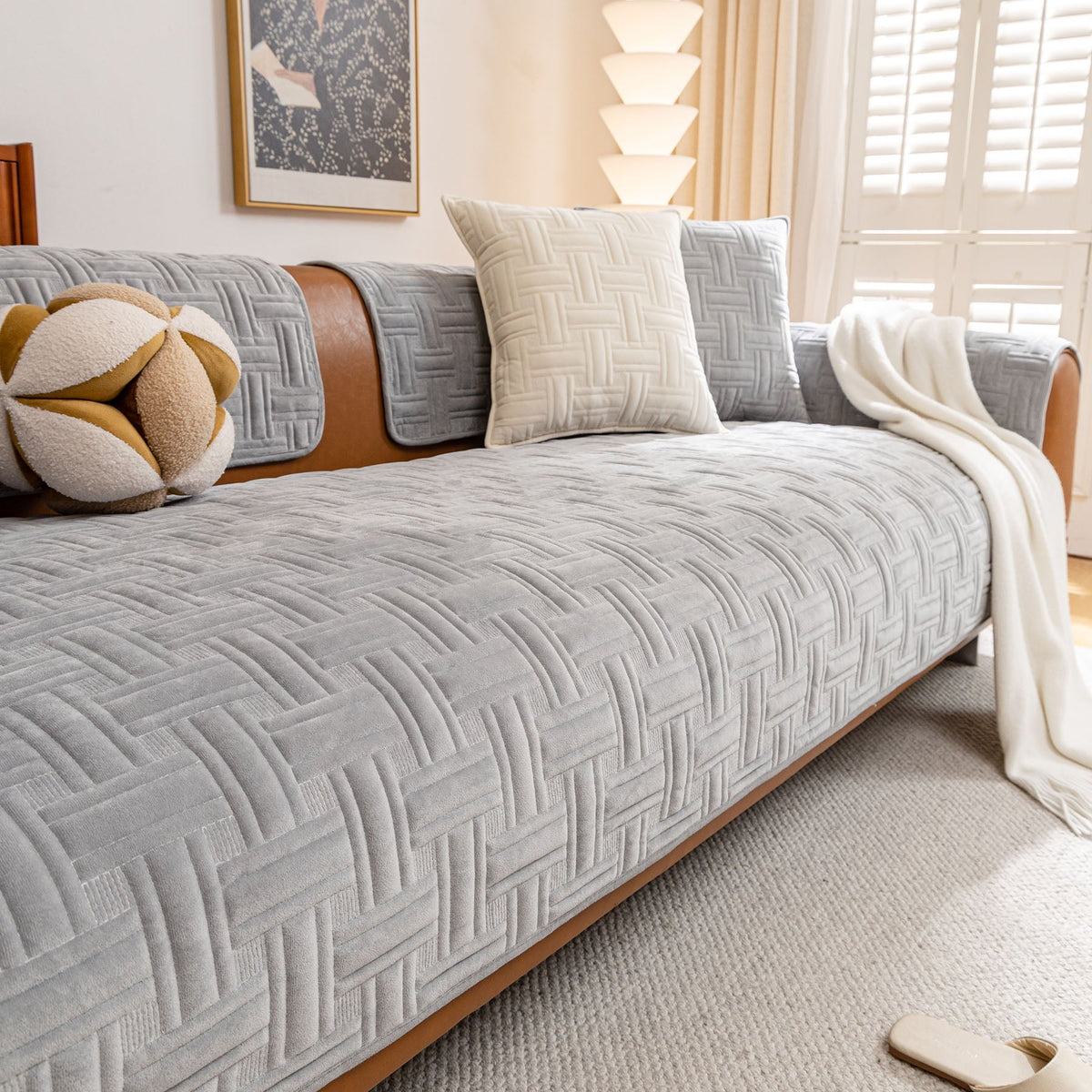 Quilted Velvet Sofa Cover, Thick Padded Couch Protector with Raised Geometric Texture
