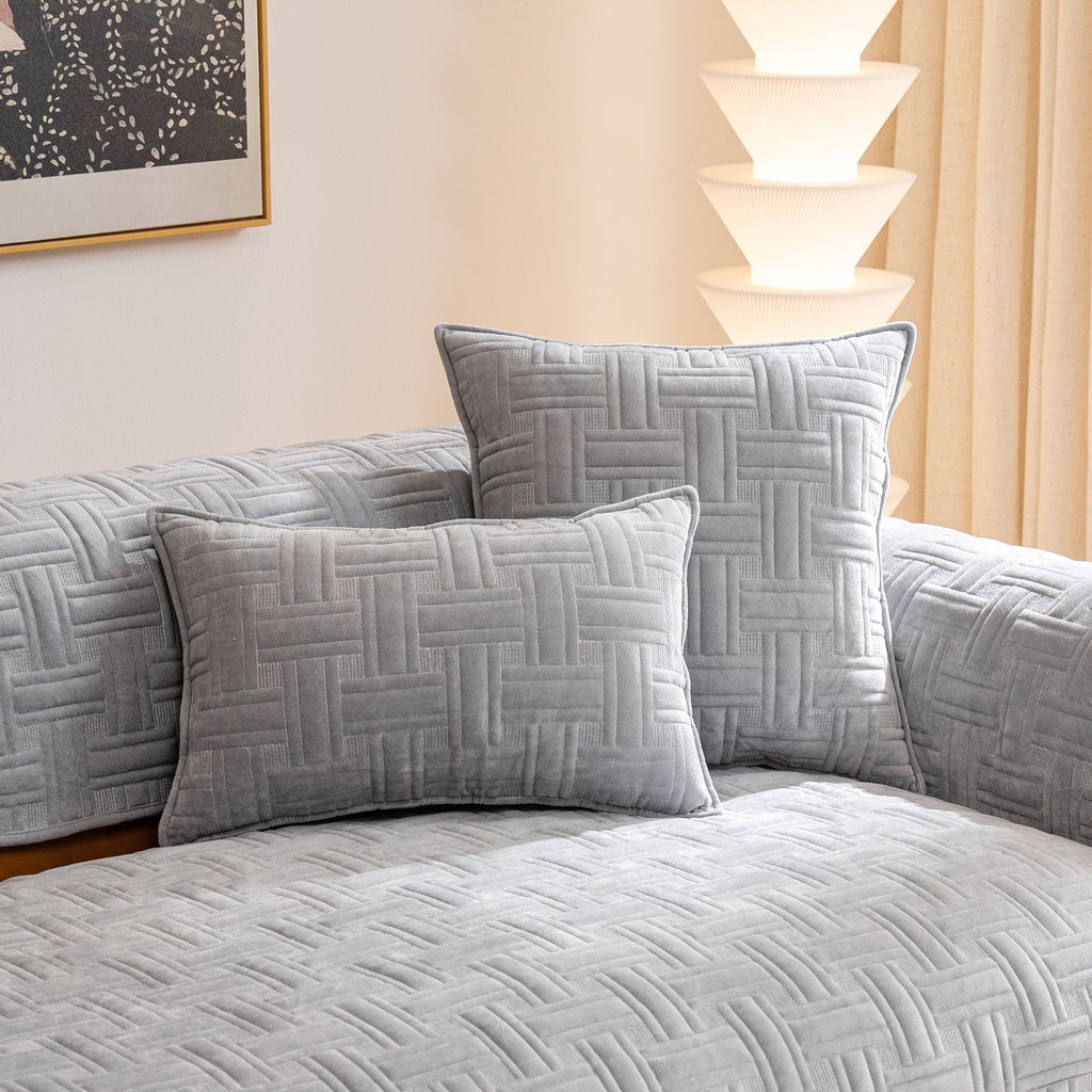 Quilted Velvet Sofa Cover, Thick Padded Couch Protector with Raised Geometric Texture