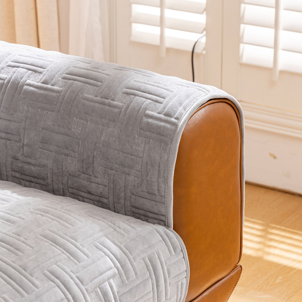 Quilted Velvet Sofa Cover, Thick Padded Couch Protector with Raised Geometric Texture