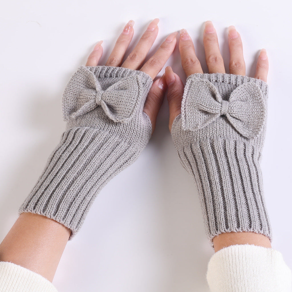 Bow Knitted Wool Keep Warm Half Finger Fingerless Gloves