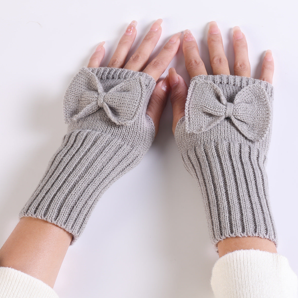 Bow Knitted Wool Keep Warm Half Finger Fingerless Gloves