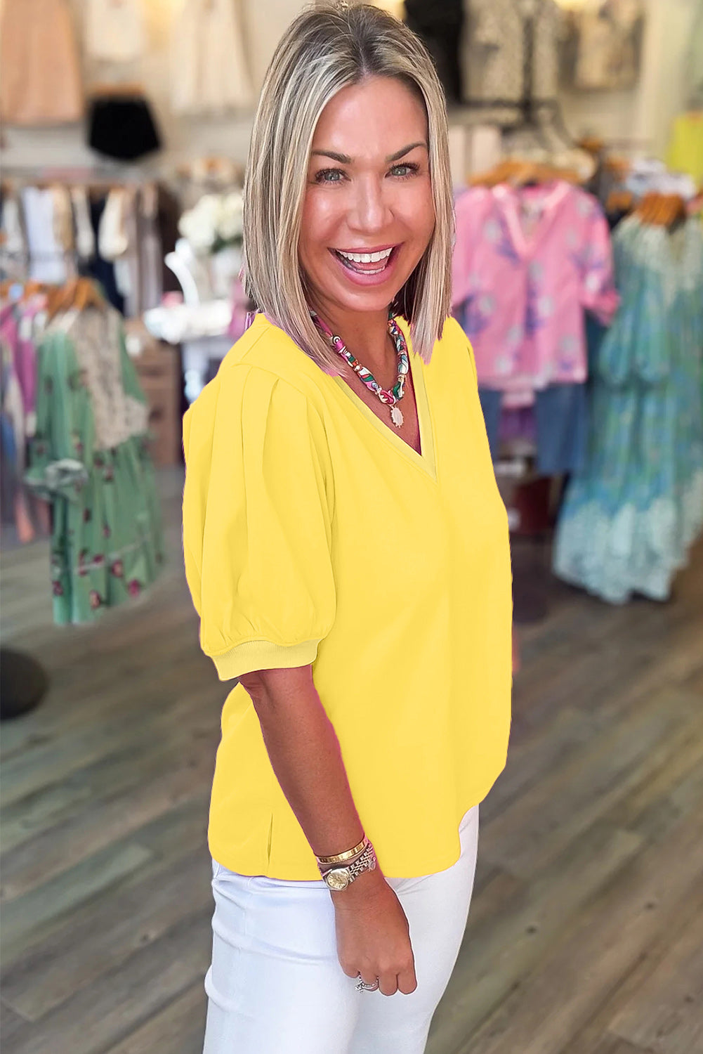 Solid V-Neck Short Puff Sleeve Blouse