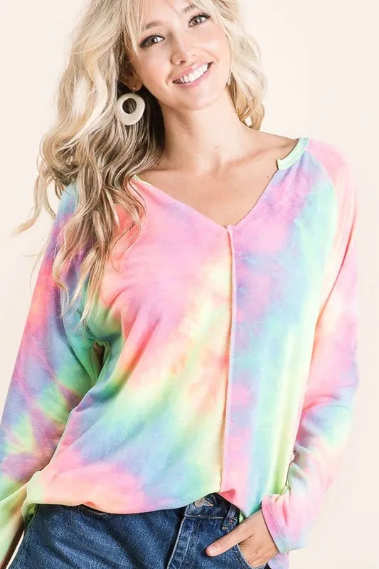 BiBi Long Sleeve Tie Dye Terry T Shirt Relaxed Comfort