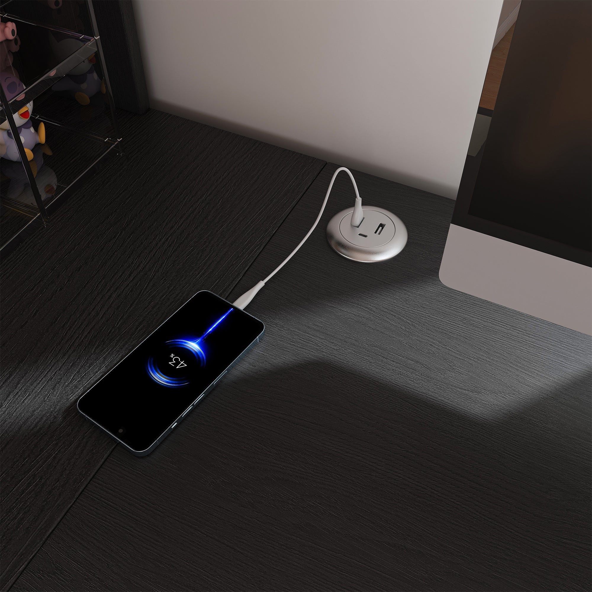 Black L-Shaped Computer Desk with Glass Cabinets, Built-In LED Lights, USB Charging Ports, and Keyboard Tray - Ergonomic Office Furniture for Home and Corporate Workspaces