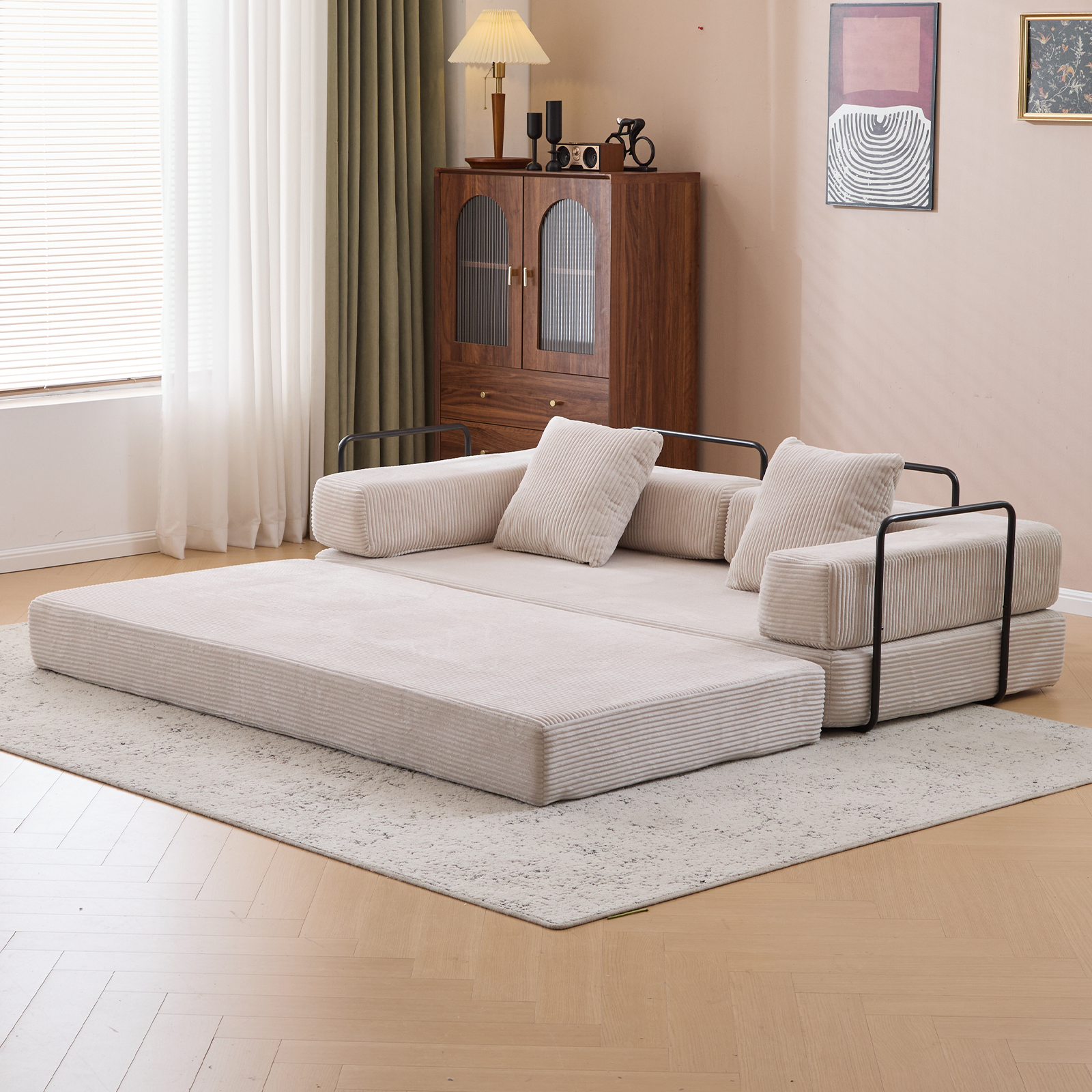 Floor Couch,Compression Sofa,Convertible Floor Sofa Bed-with Pillow Back Support Armrest,Comfy Futon Couch Lounge Sleeper Bed,Corduroy Fabric,for Living Room Bedroom (light grey)