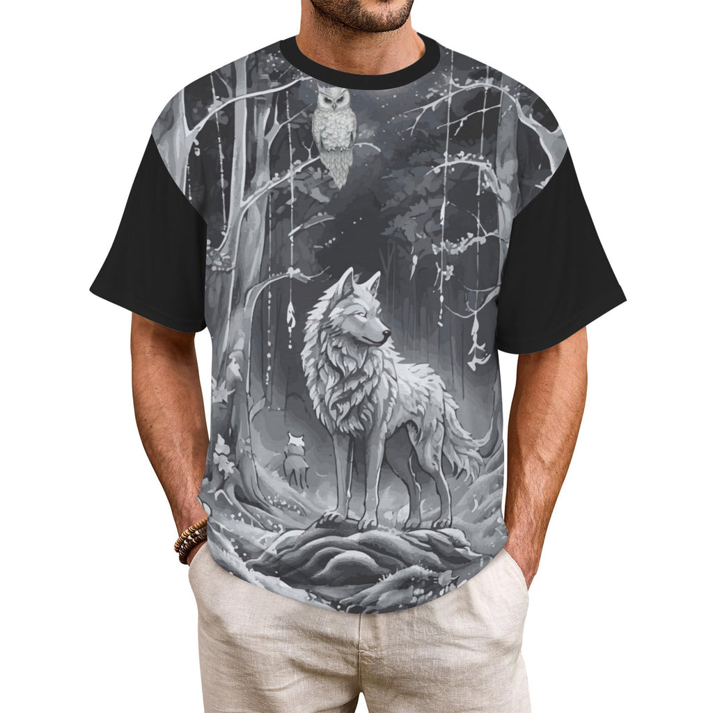 Men's Wolf in Moonlit Forest All Over Print Ribbed Collar T-Shirt