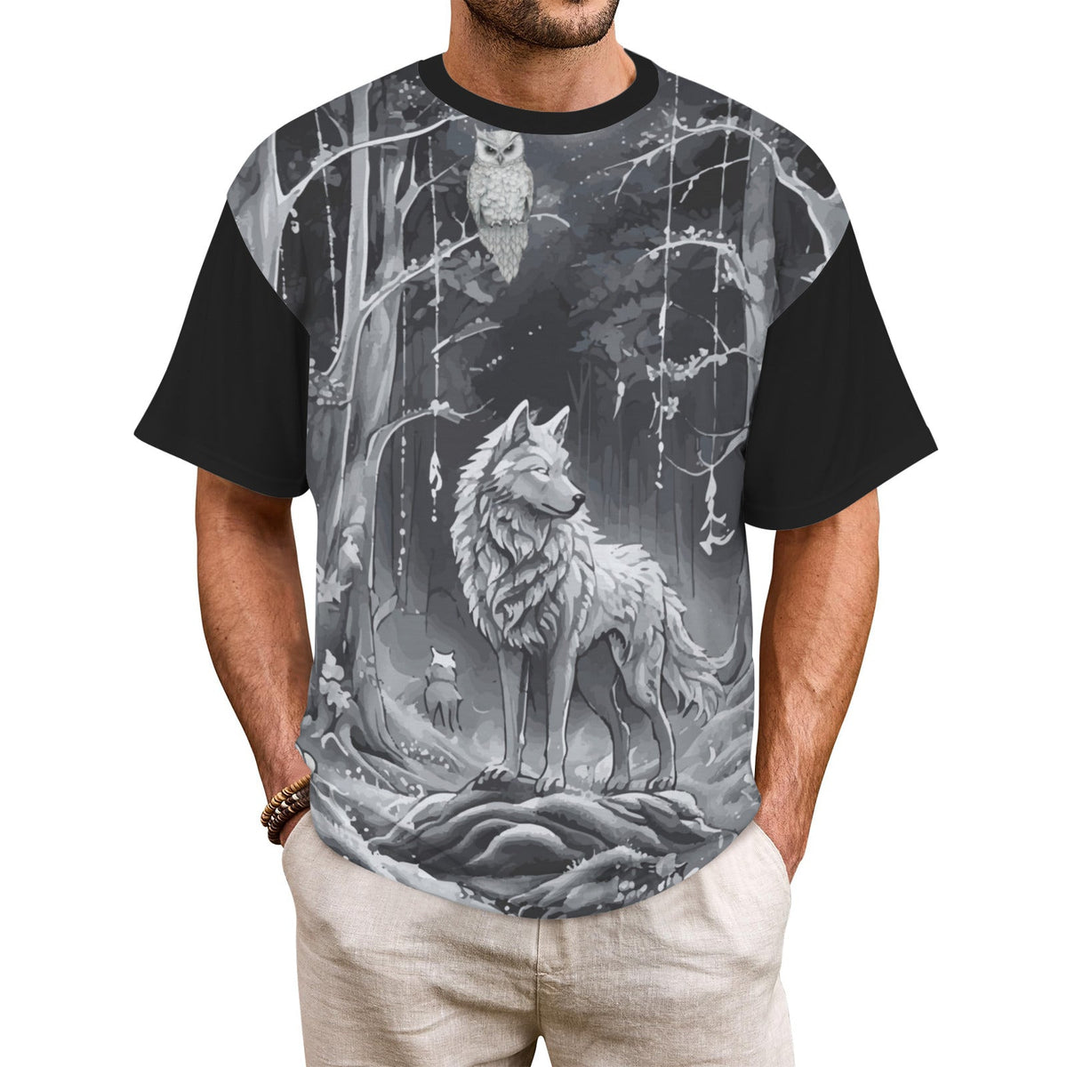 Men's Wolf in Moonlit Forest All Over Print Ribbed Collar T-Shirt