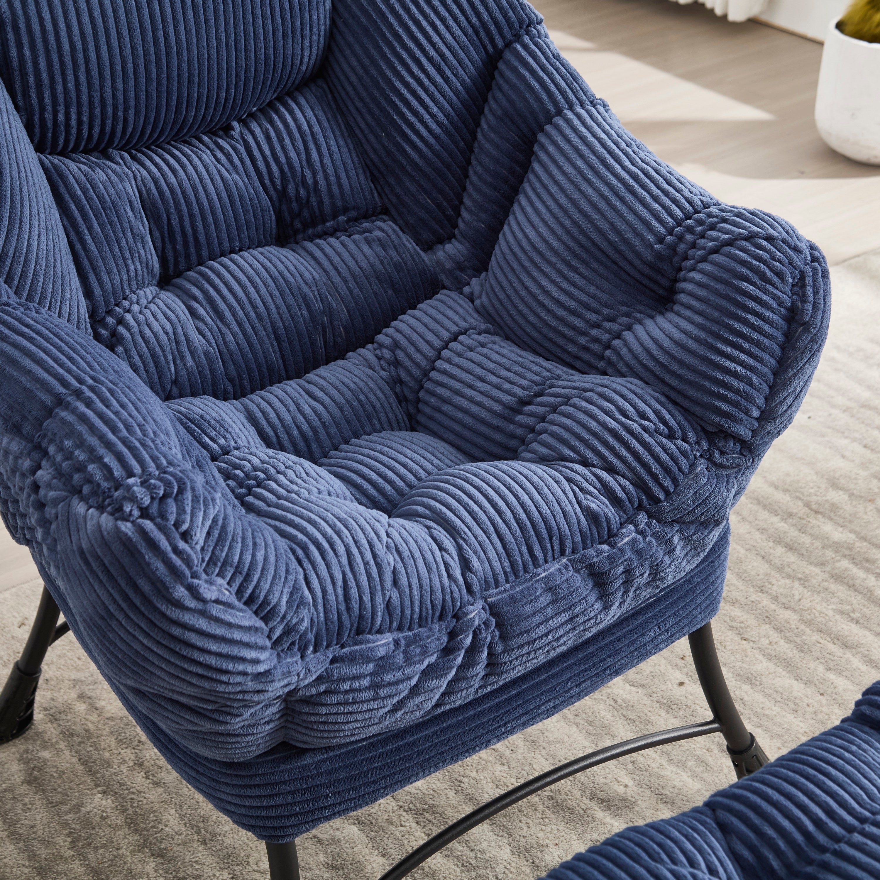 Lazy Chair with Ottoman, Modern Lounge Accent Chair with Armrests and a Side Pocket, Leisure Upholstered Sofa Chair Reading Chair with Footrest for Small Space, Corner Chair-Navy blue