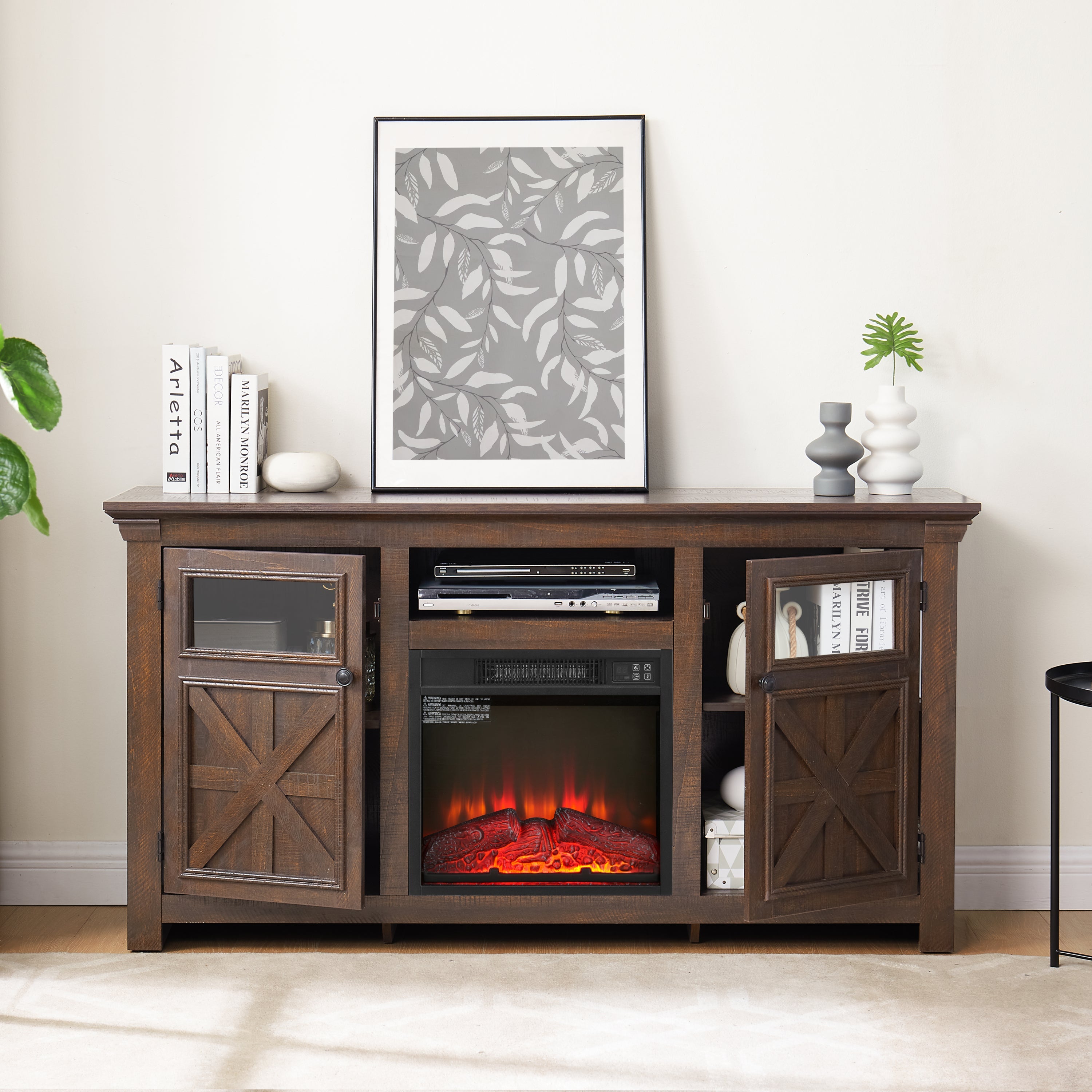 2 Doors Cabinet Farmhouse  Cabinet, Farmhouse TV Stand Barn Design,Farmhouse TV Media Stand, Large Barn Inspired Home Entertainment Console with 18' fireplace insert,Espresso,60.23'W*15.35'D*31.7'H